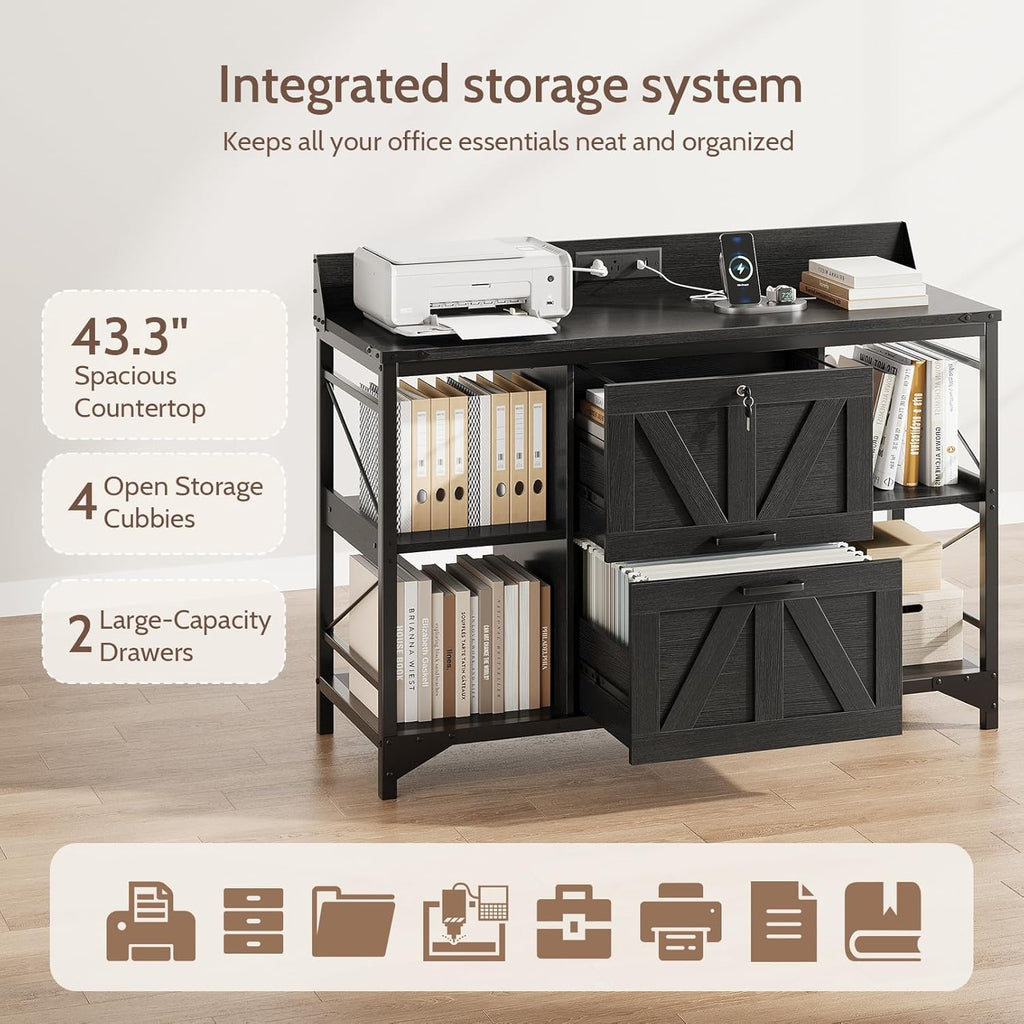44" File Cabinet, Lateral Filing Cabinet for Home Office with 2 Drawers, Office Storage Cabinet with Lock and Key, Wooden Printer Stand with 4 Storage Shelves and Power Outlet, Office Furniture, Black