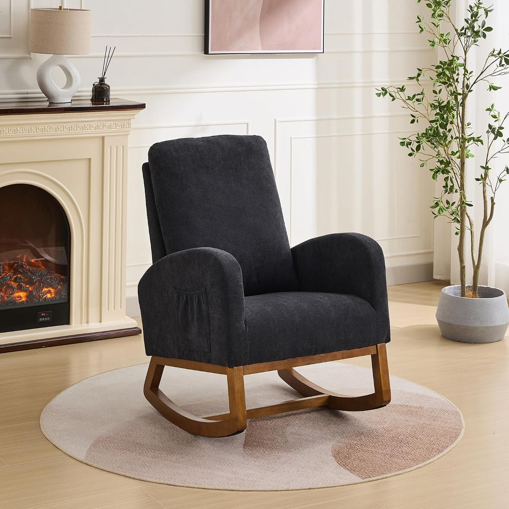 Rocking Chair, Nursery Chair, Polyester Accent Armchair, High Back Rocker with Side Pocket, Rubber Wood Legs, Walnut Finish, Living Room Bedroom Reading Nook, 250 lb Capacity, Black