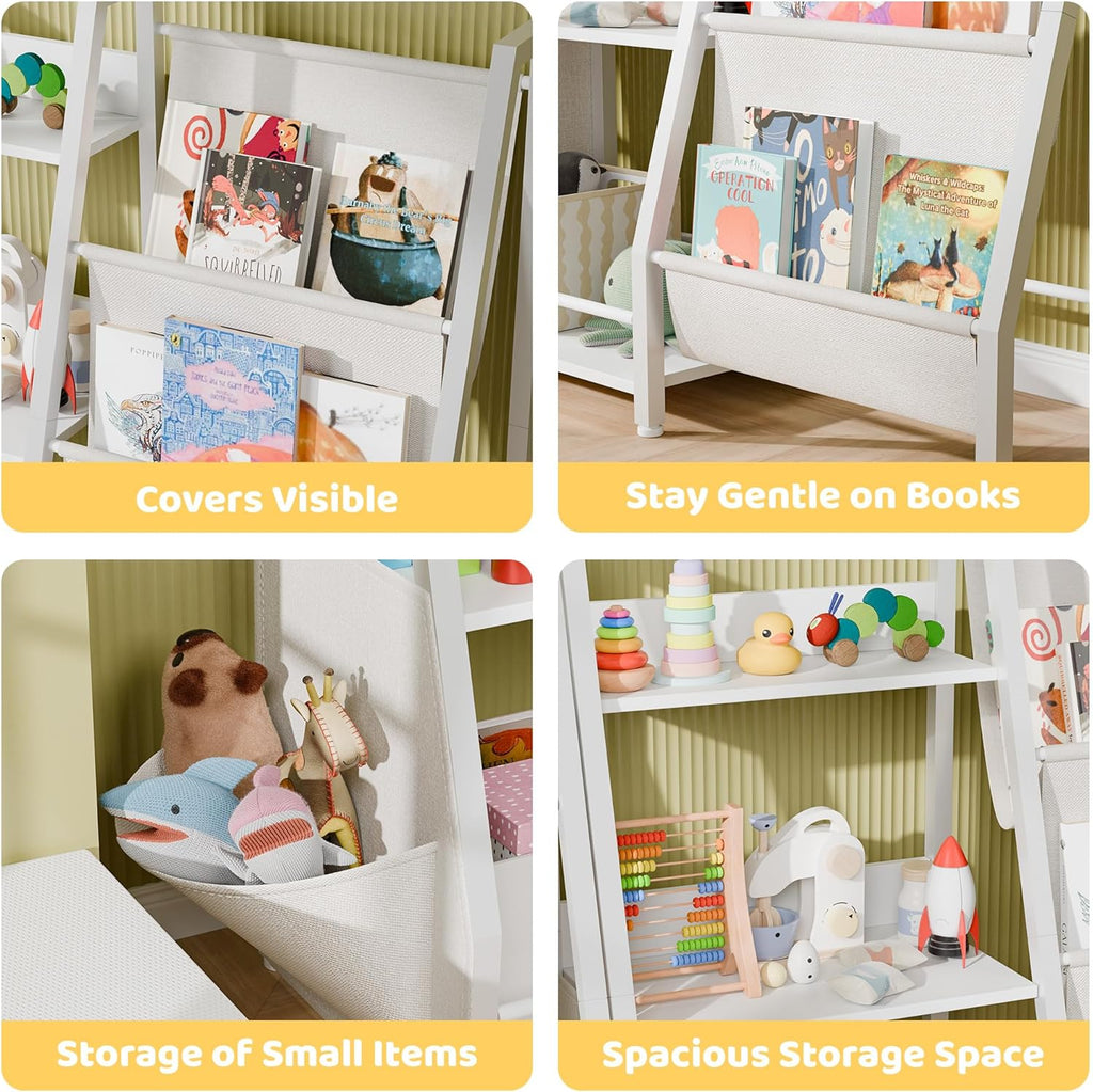 Kids Bookshelf and Toy Storage Organizer, 3-Tier Metal Toddler Bookcase with Deep Pockets, 2-in-1 Freestanding Nursery Bookshelf for Playroom, 29.53" D x 11.81" W x 32.68" H, White
