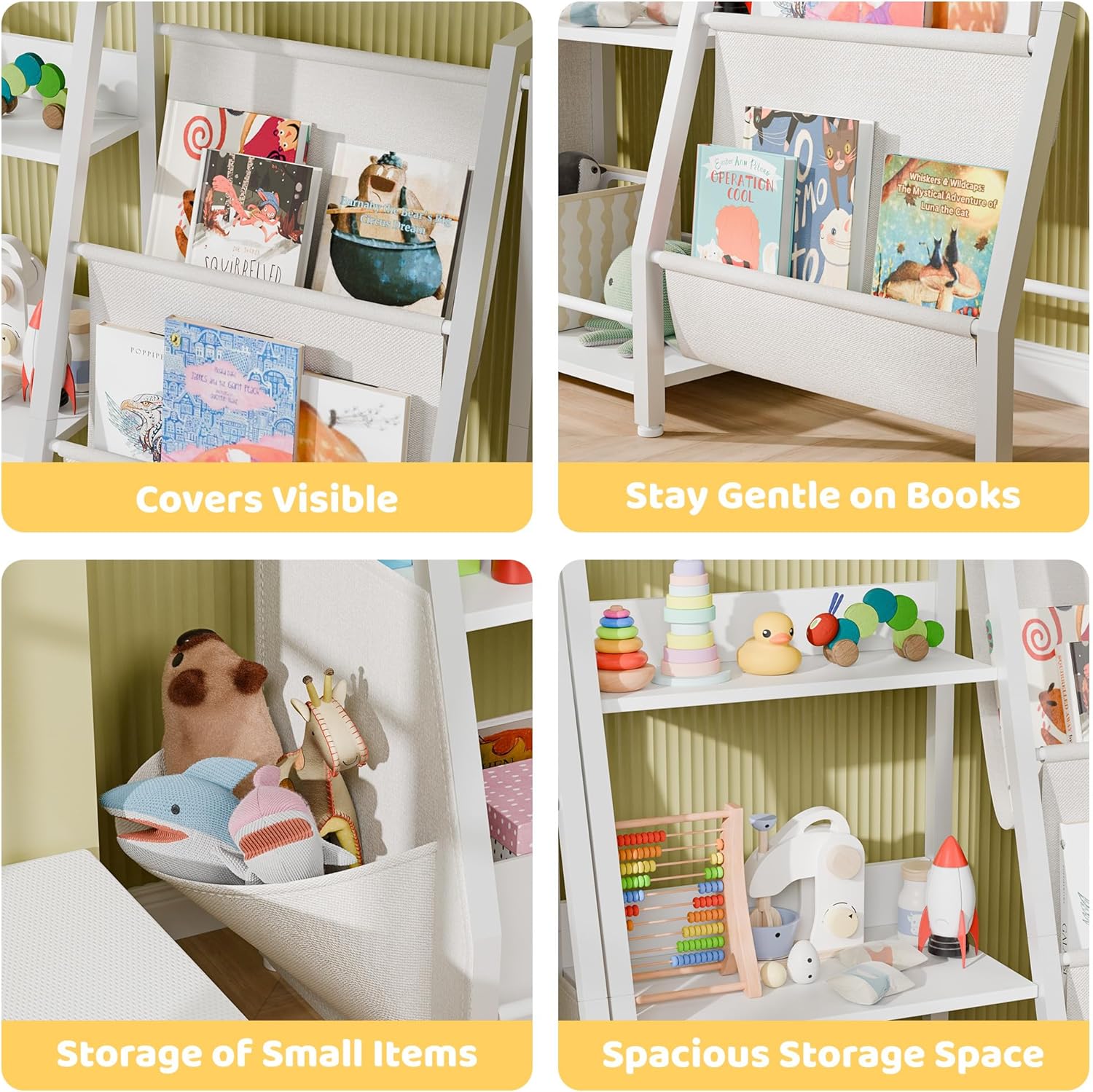 Kids Bookshelf and Toy Storage Organizer, 3-Tier Metal Toddler Bookcase with Deep Pockets, 2-in-1 Freestanding Nursery Bookshelf for Playroom, 29.53" D x 11.81" W x 32.68" H, White