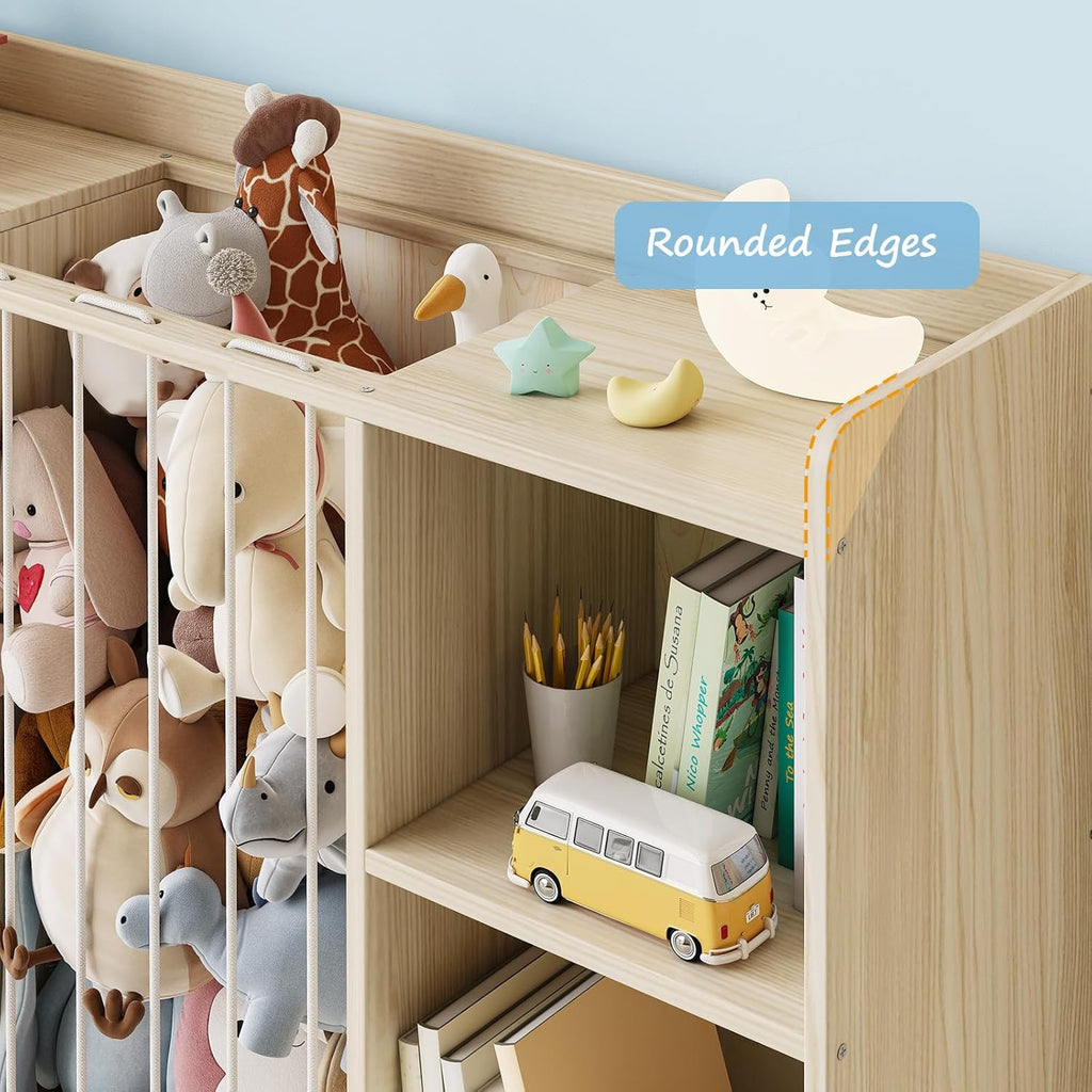 EXPERLAM 4-in-1 Toy Storage Organizer with Stuffed Animal Storage, Solid Pine Kids Bookshelf and Toy Shelf, 6 Cube Shelf with 2 Removable Drawers, Stuffed Animal Zoo for Kids Room, Playroom, Nursery