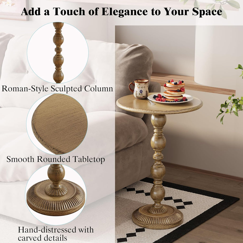 Small Round Metal Side Table, Lightweight Antique Accent Table,Retro Round Drink Table,Small Pedestal Table for Living Room, Bedroom, Corners (1, Antique Gold)