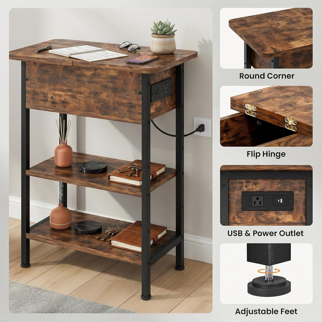 GRUSIGN End Table with Charging Station, Flip Top Side Table with USB Ports and Outlets, 3-Tier Small Side Table with Storage for Small Space, End Tables for Living Room/Bedroom, Black