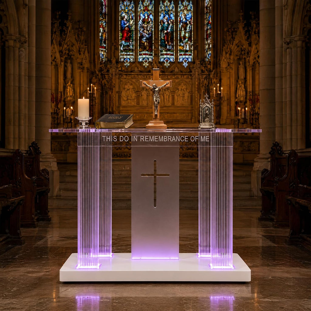 Clear Acrylic Holy Communion Table, Church Altar Table with LED Color Changing Lights & Remote Control, Mobile Worship Table with 4 Swivel Casters , Engraved Cross & Scripture for Church & Home Use