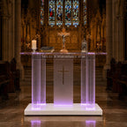 Clear Acrylic Holy Communion Table, Church Altar Table with LED Color Changing Lights & Remote Control, Mobile Worship Table with 4 Swivel Casters , Engraved Cross & Scripture for Church & Home Use
