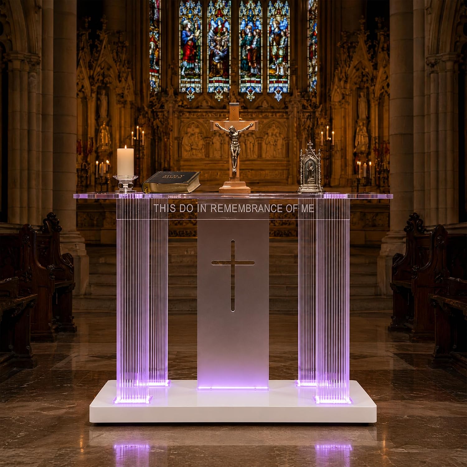 Clear Acrylic Holy Communion Table, Church Altar Table with LED Color Changing Lights & Remote Control, Mobile Worship Table with 4 Swivel Casters , Engraved Cross & Scripture for Church & Home Use