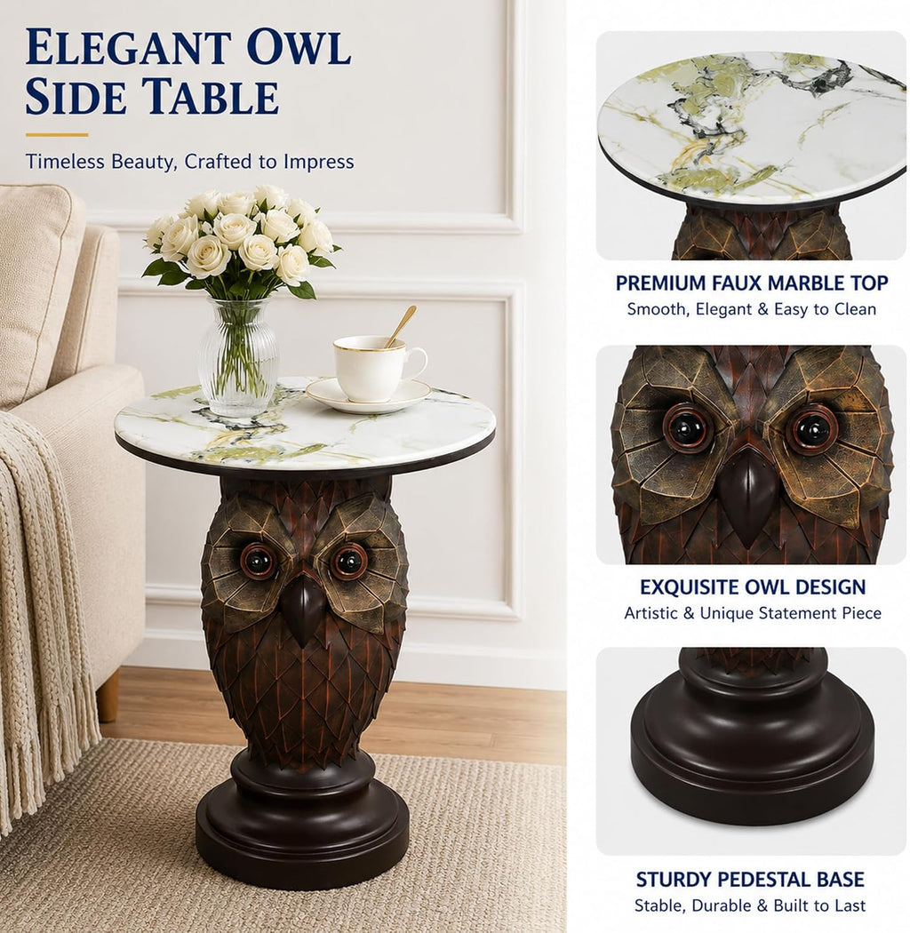 Rustic Brown Owl Accent Table - 22.83" Geometric Owl Sculpture Side Table with 17.72" Round Marble Pattern Top, Decorative Bird Statue Nightstand for Cottage & Lodge Style Interiors, 24.25 LBS
