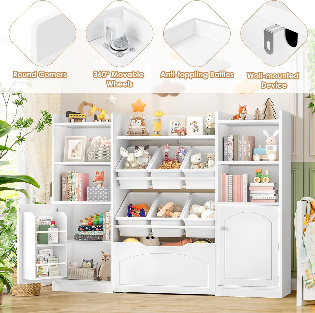 FINETONES 55” Toy Storage Organizer with 6 Toy Bins, 5-in-1 Large Kids Bookshelf with Movable Chests and 2-Tier Shelf Door, Toy Organizers and Storage Playroom Storage with Drawer, White
