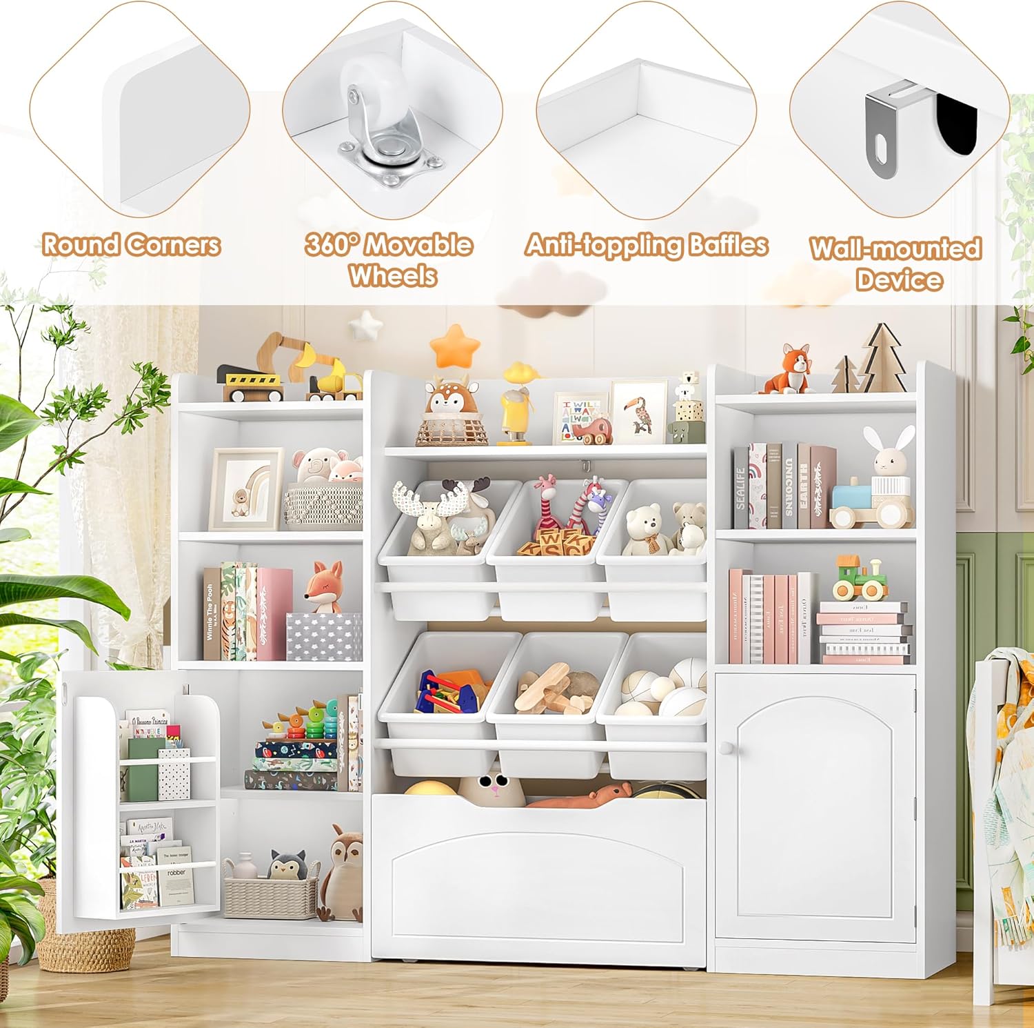 FINETONES 55” Toy Storage Organizer with 6 Toy Bins, 5-in-1 Large Kids Bookshelf with Movable Chests and 2-Tier Shelf Door, Toy Organizers and Storage Playroom Storage with Drawer, White