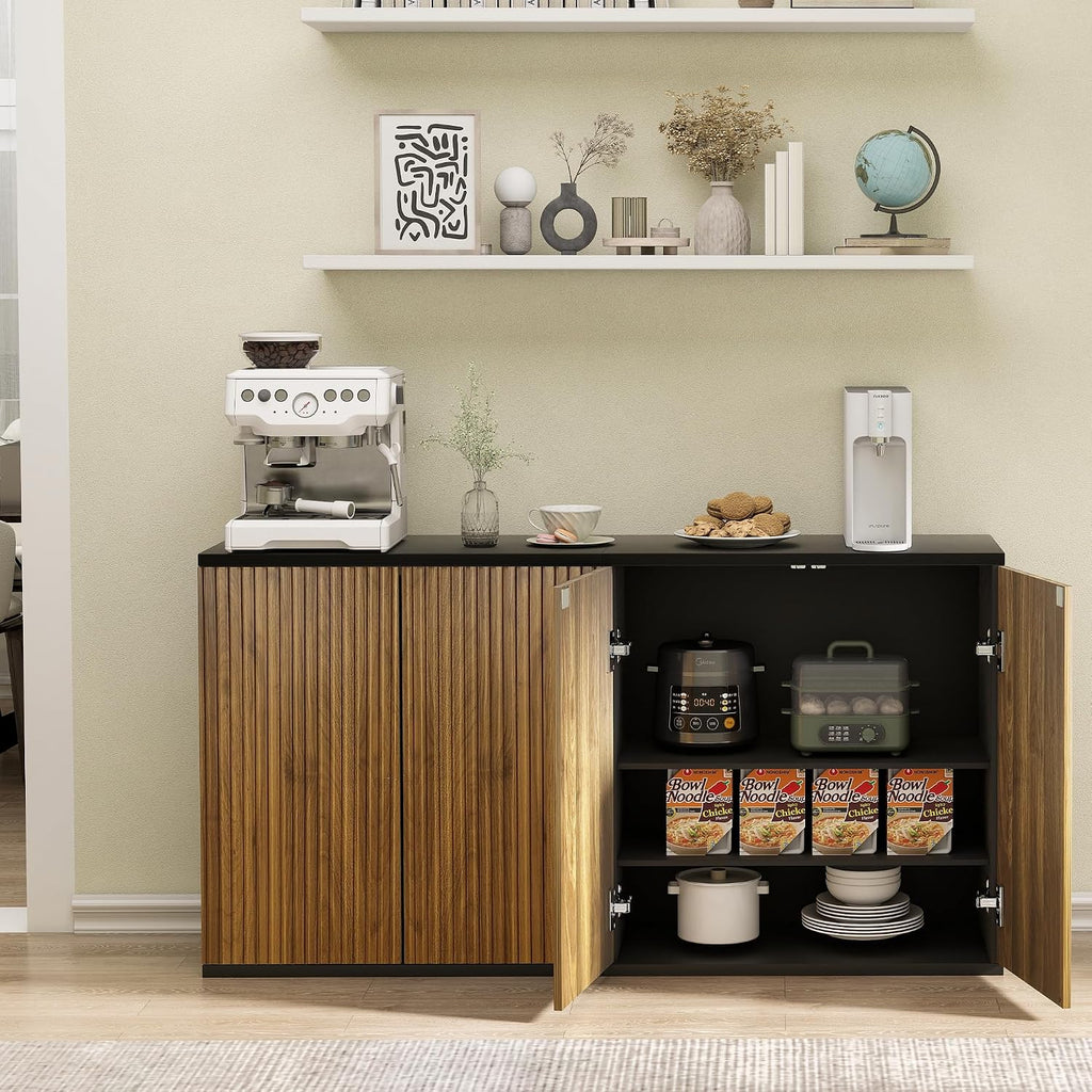 Buffet Cabinet with Storage Walnut Fluted Wooden Accent Sideboard with Pop-Up Doors and Adjustable Shelves Coffee Bar Media Console Cabinets for Kitchen, 1 Piece