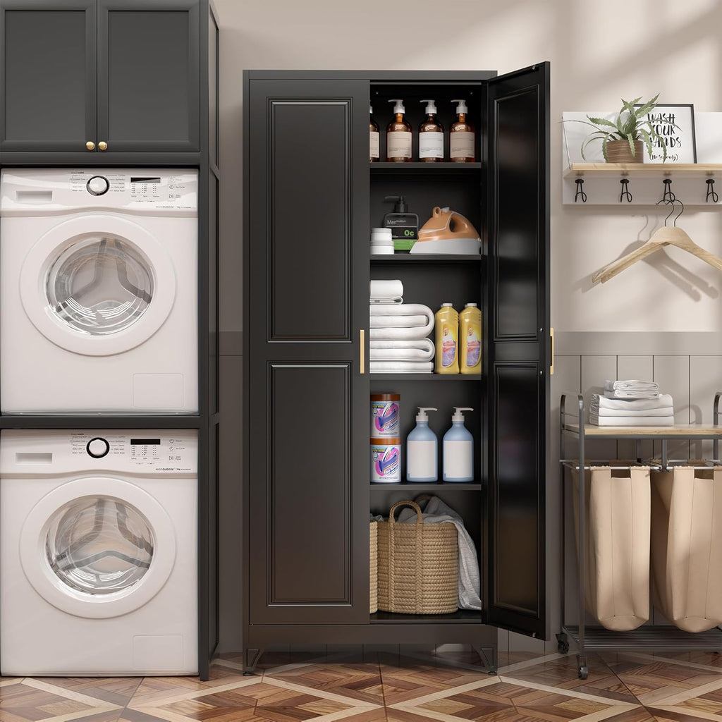 SteeLoong Kitchen Pantry Cabinet,75”Black Metal Storage Cabinets with Doors and 4 Adjustable Shelves,Kitchen Cabinet with 2 Gold Handles,Tall Cabinet for Livingroom, Bathroom