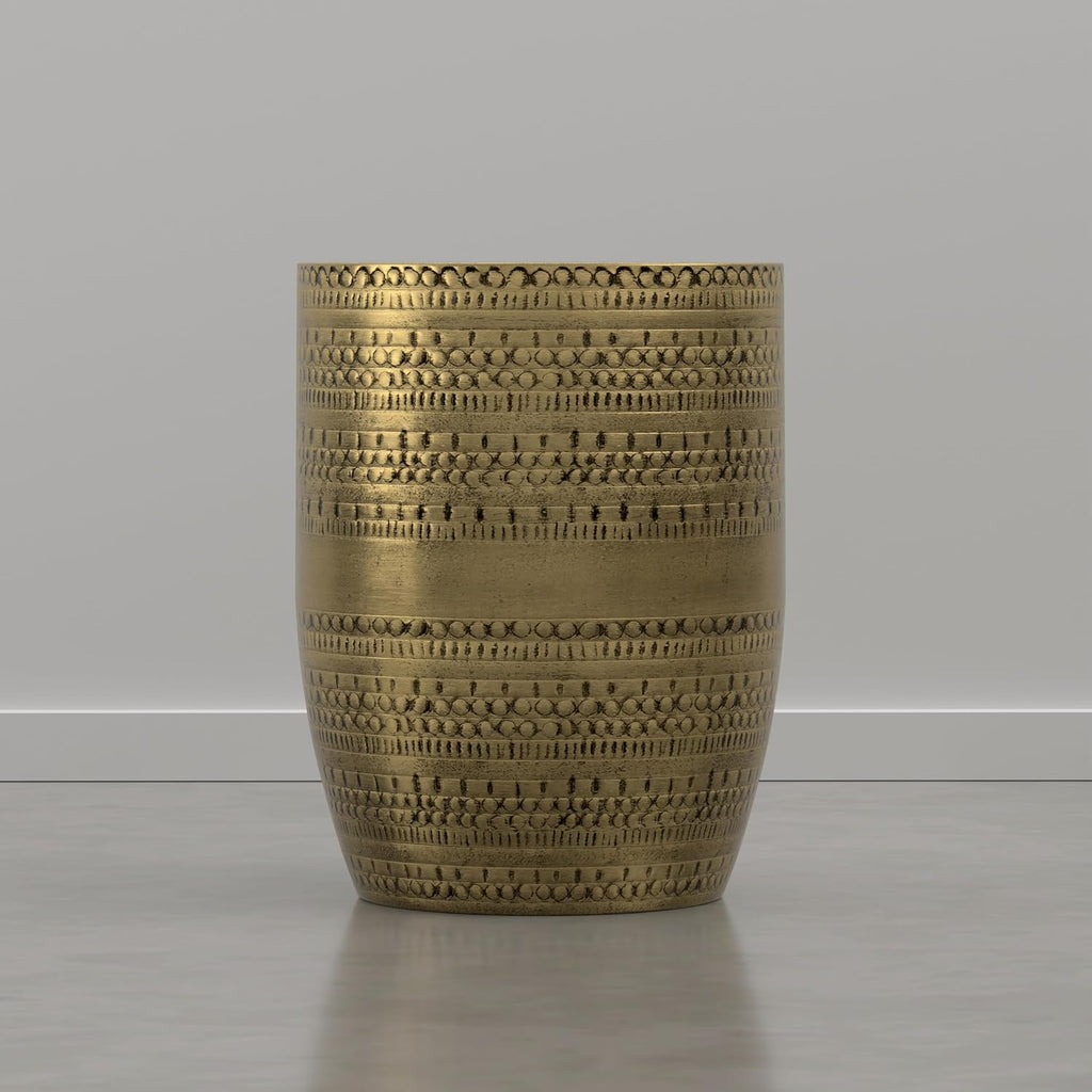 SIMPLIHOME Johnsen Tribal Accent Table – 15 inch Wide Round Metal Drum Table in Burnished Gold, Boho Modern Side Table for Living Room with Embossed Tribal Pattern, Assembled