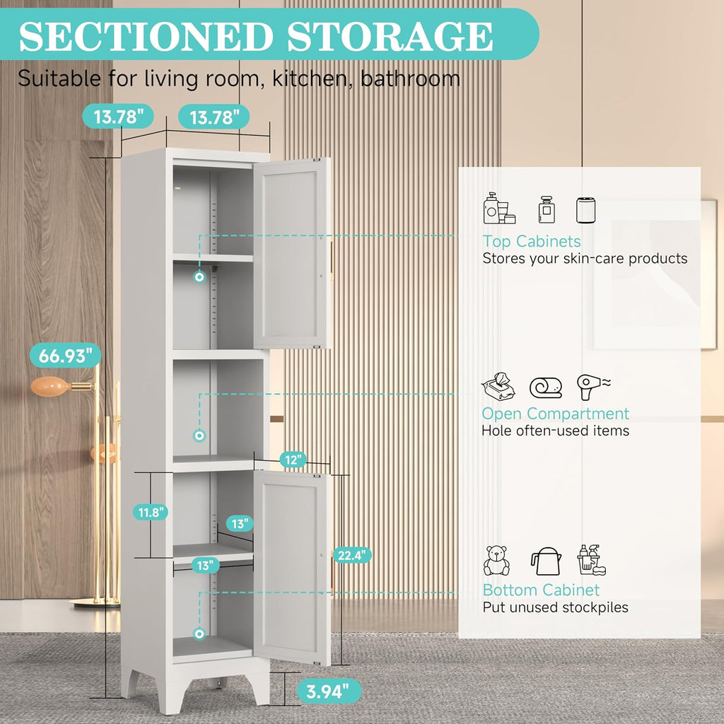 67" H Tall Bathroom Storage Cabinet with 2 Doors ＆Adjustable Shelves,Narrow Metal Cabinet with Open Countertop,Narrow Storage Unit for Small Space,Bathrooms,Entryway,Kitchen- Assembly Required(White)