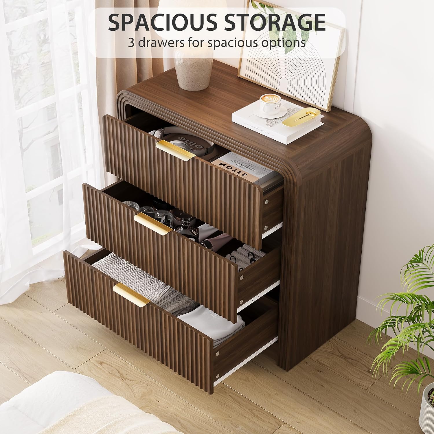 31.5" Wide Oversized Fluted Nightstand, Curved Profile Design, Modern Beside Table with 3 Large Storage Drawers, End Table for Bedroom (Walnut) | Modern Beside Table with Curved Profile Design, End Table for Bedroom