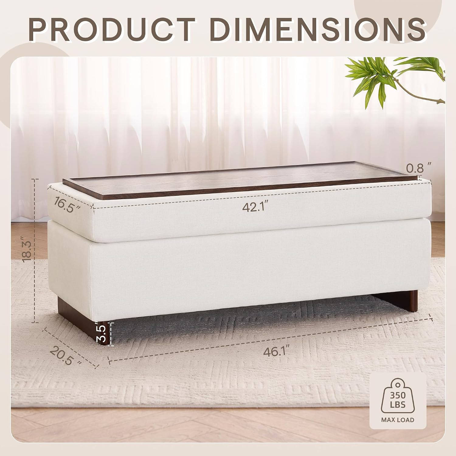 46 Inch Storage Ottoman Coffee Table, Large Upholstered Ottoman Bench with Storage, Wooden Tray and Legs for Living Room,Bedroom,End of Bed,Entryway,Beige