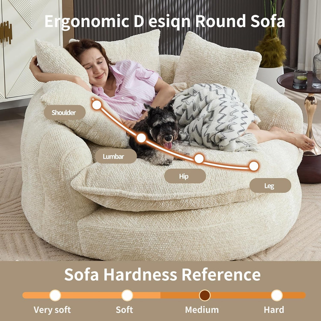55 inch Oversized Round Chair, Fluffy Chenille Boneless Sofa with Extra Deep Seat for Living Room Lounge (Beige)