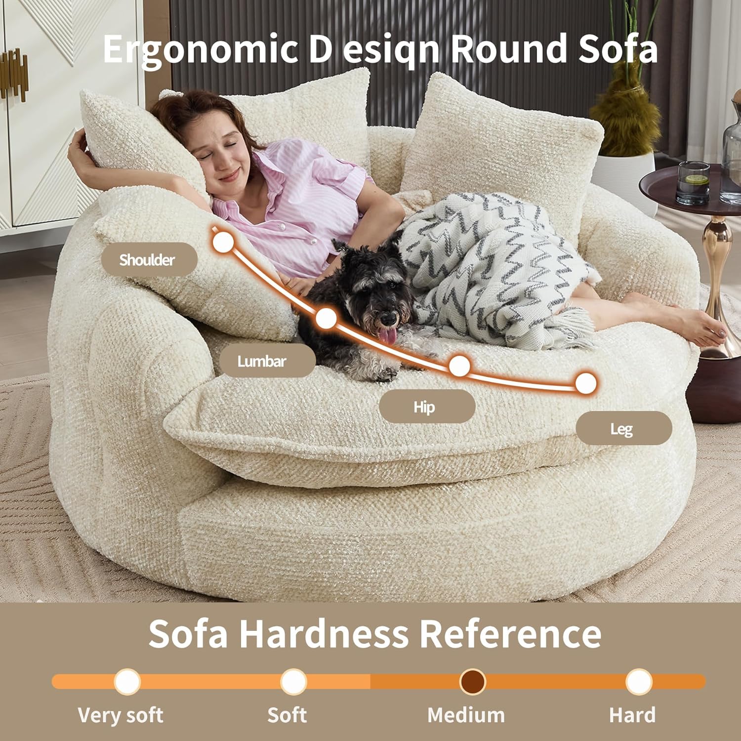 55 inch Oversized Round Chair, Fluffy Chenille Boneless Sofa with Extra Deep Seat for Living Room Lounge (Beige)