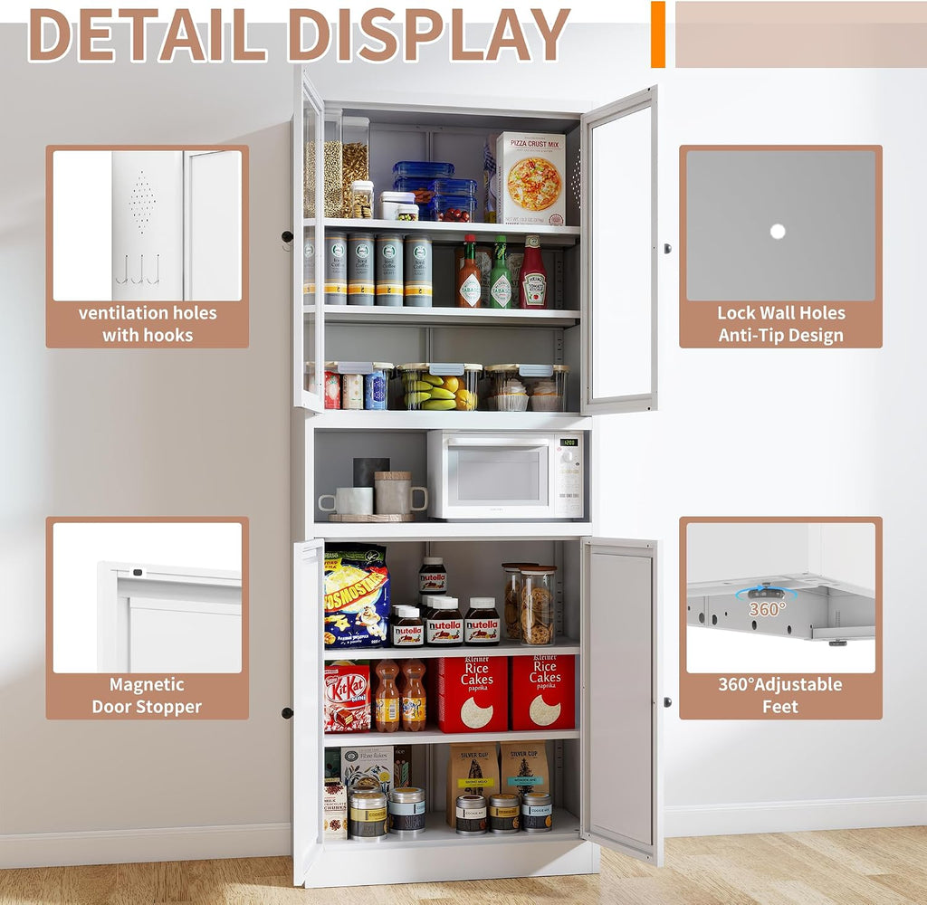 Metal Kitchen Pantry Cabinet - 72" Tall Sideboard Storage Case with Glass Doors & Adjustable Shelves, White Cupboard Storage Hutch Cabinet Coffee Bar Cabinet