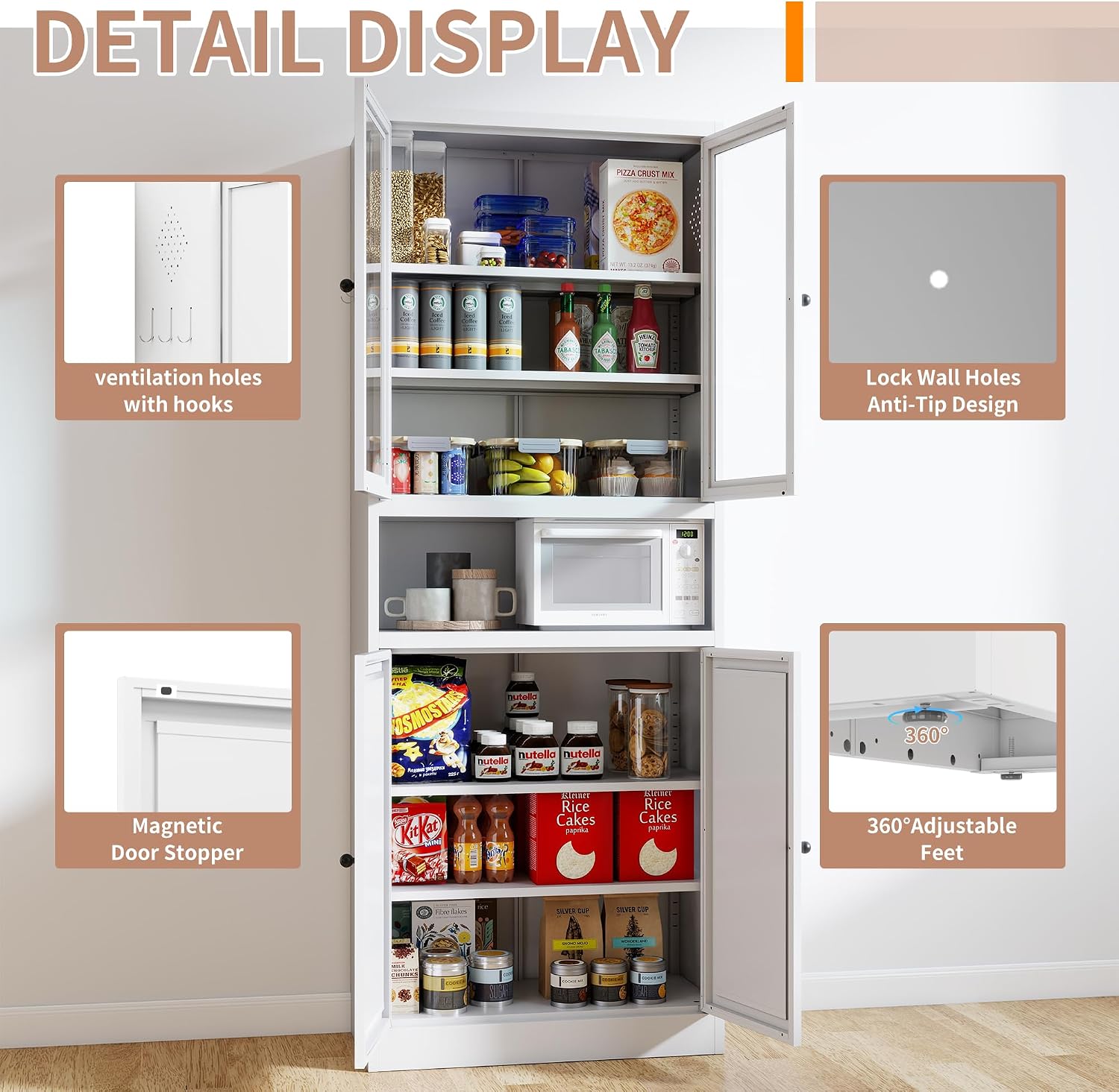 Metal Kitchen Pantry Cabinet - 72" Tall Sideboard Storage Case with Glass Doors & Adjustable Shelves, White Cupboard Storage Hutch Cabinet Coffee Bar Cabinet