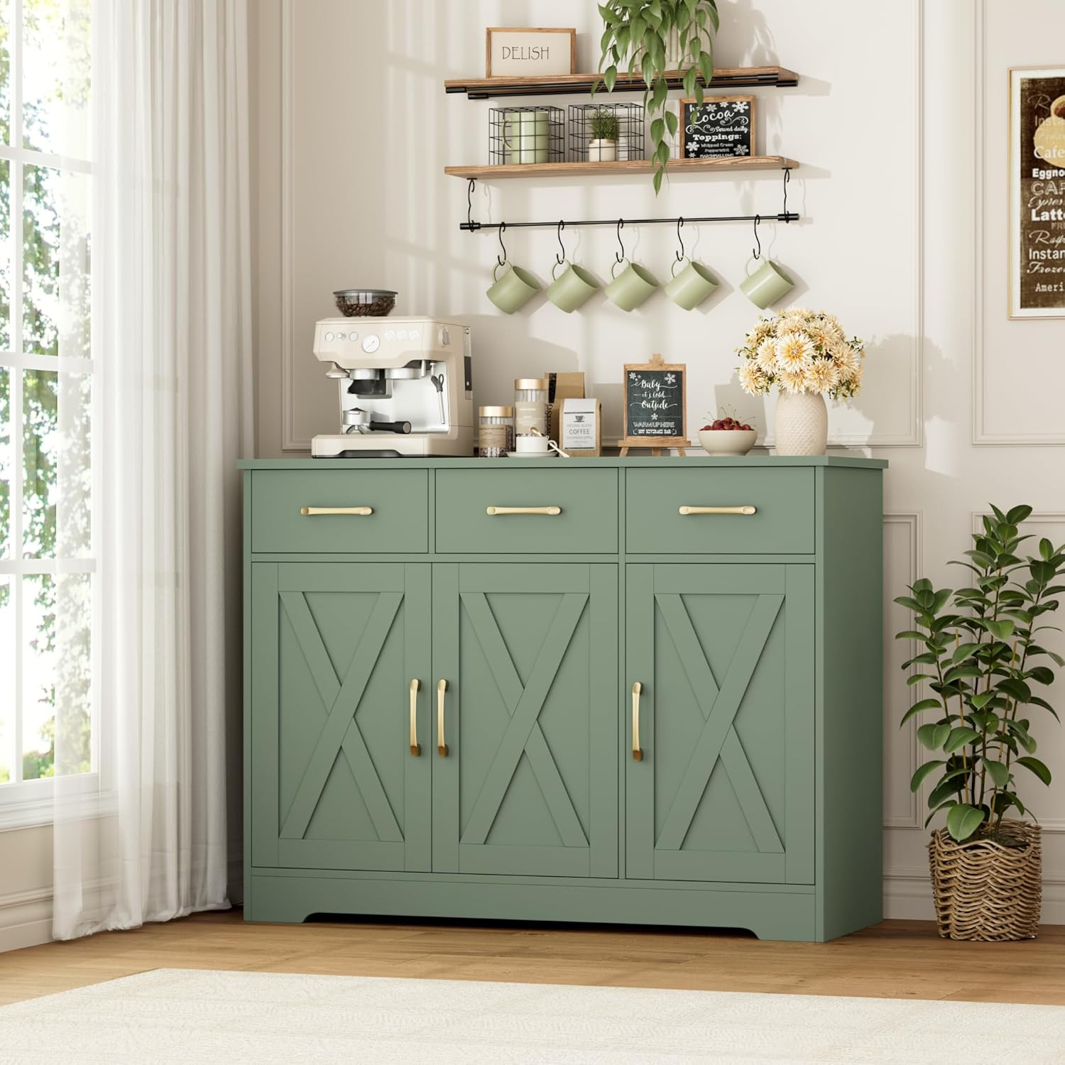 HOSTACK Modern Farmhouse Buffet Sideboard Cabinet, Barn Doors Storage Cabinet with Drawers and Shelves, Wood Coffee Bar with Storage for Dining Room, Kitchen, Living Room, Green