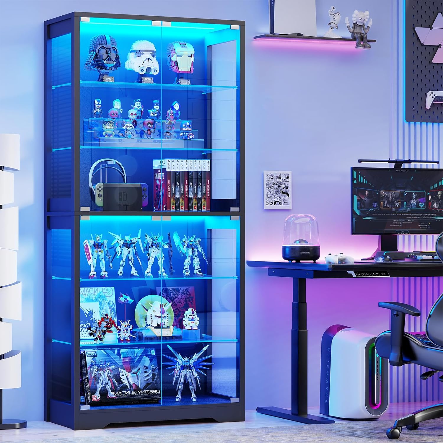 BROTTAR Display Cabinet with Glass Door, 6-Tier 71" Curio Cabinet with 3 Color Lights for Collectibles, Display Case with Adjustable Glass Shelves, Human Body Sensor, Storage Cabinets, Black