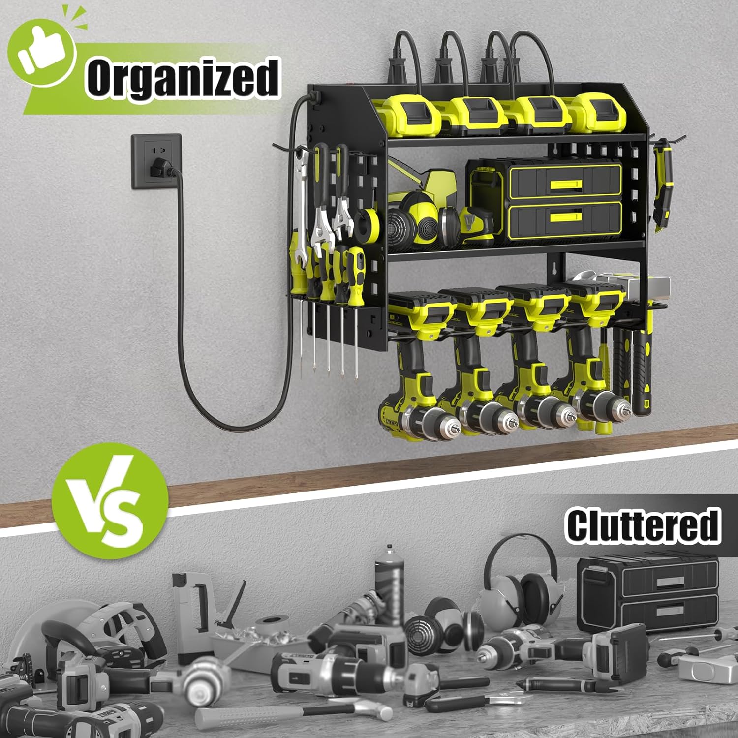 SUNALLY Power Tool Organizer Wall Mount with Charging Station,3 Layer Heavy Duty Metal Tool Storage Rack with 4 Drill Holders, Power Tool Shelf for Garage, Warehouse, Workshop, Gifts for Men, Husband