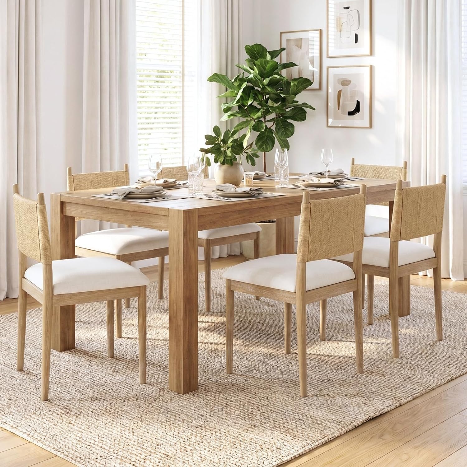 chairus Modern Coastal Dining Chairs Set of 2, Linen Upholstered Fabric Dining Room Chairs with Woven Rope Back, Farmhouse Wooden Kitchen Chairs, Natural Wood