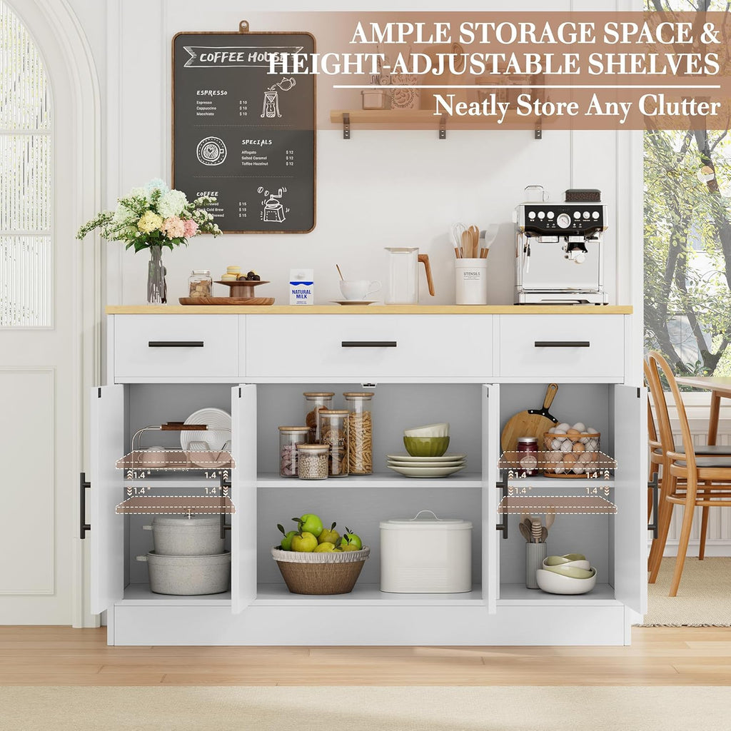 Shintenchi Buffet Cabinet with Storage,53.4" Large Kitchen Storage Cabinet with 3 Drawers and 4 Doors,Wood Farmhouse Buffet Sideboard with Adjustable Shelf for Kitchen Living Room, White