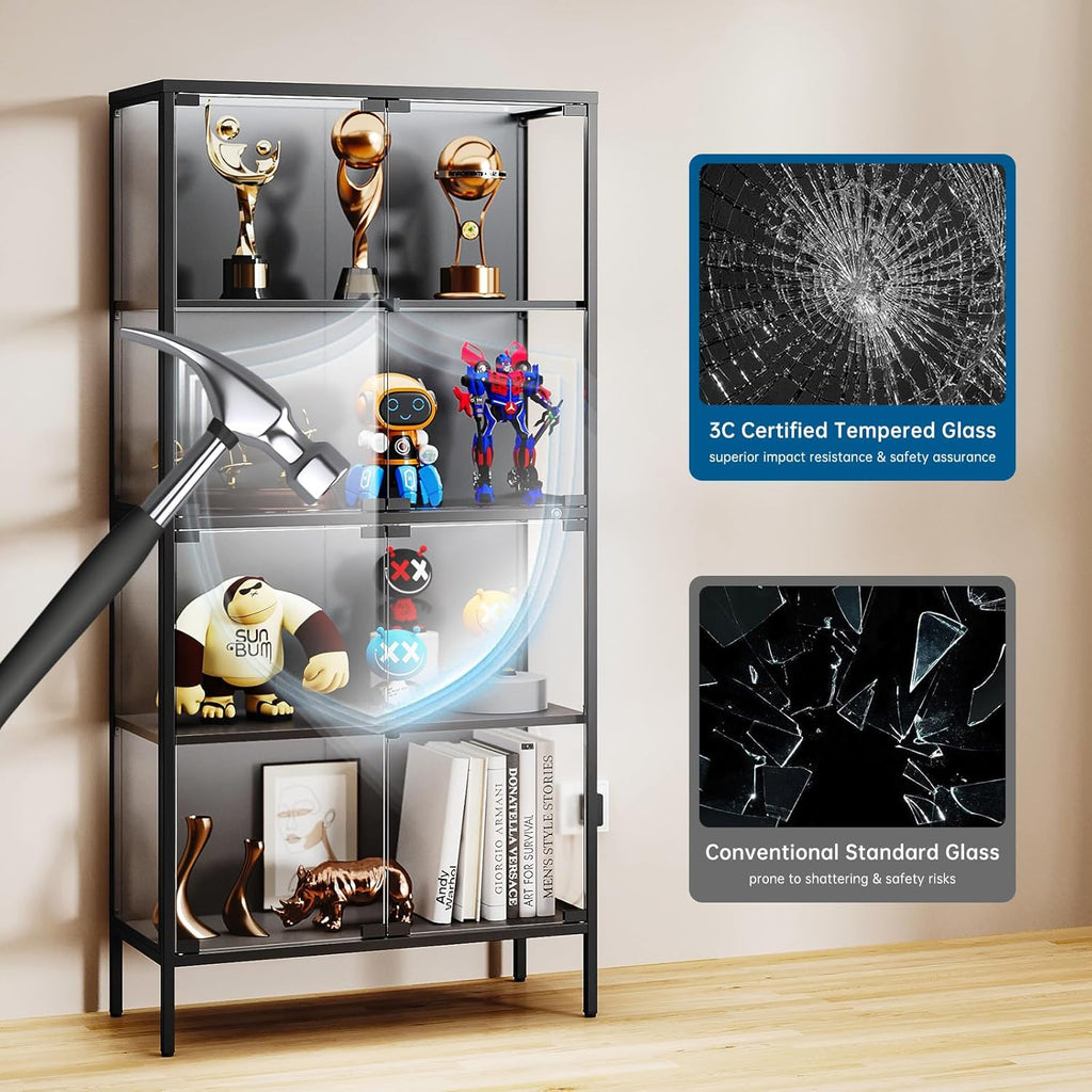 PEUKC 65" Glass Display Cabinet with 3-Color LED Light, Display Case with 4 Tempered Glass Doors and Shelves, Metal Frame Curio Storage Cabinet for Collectibles, Figures, Awards, Toy, Book (Black)