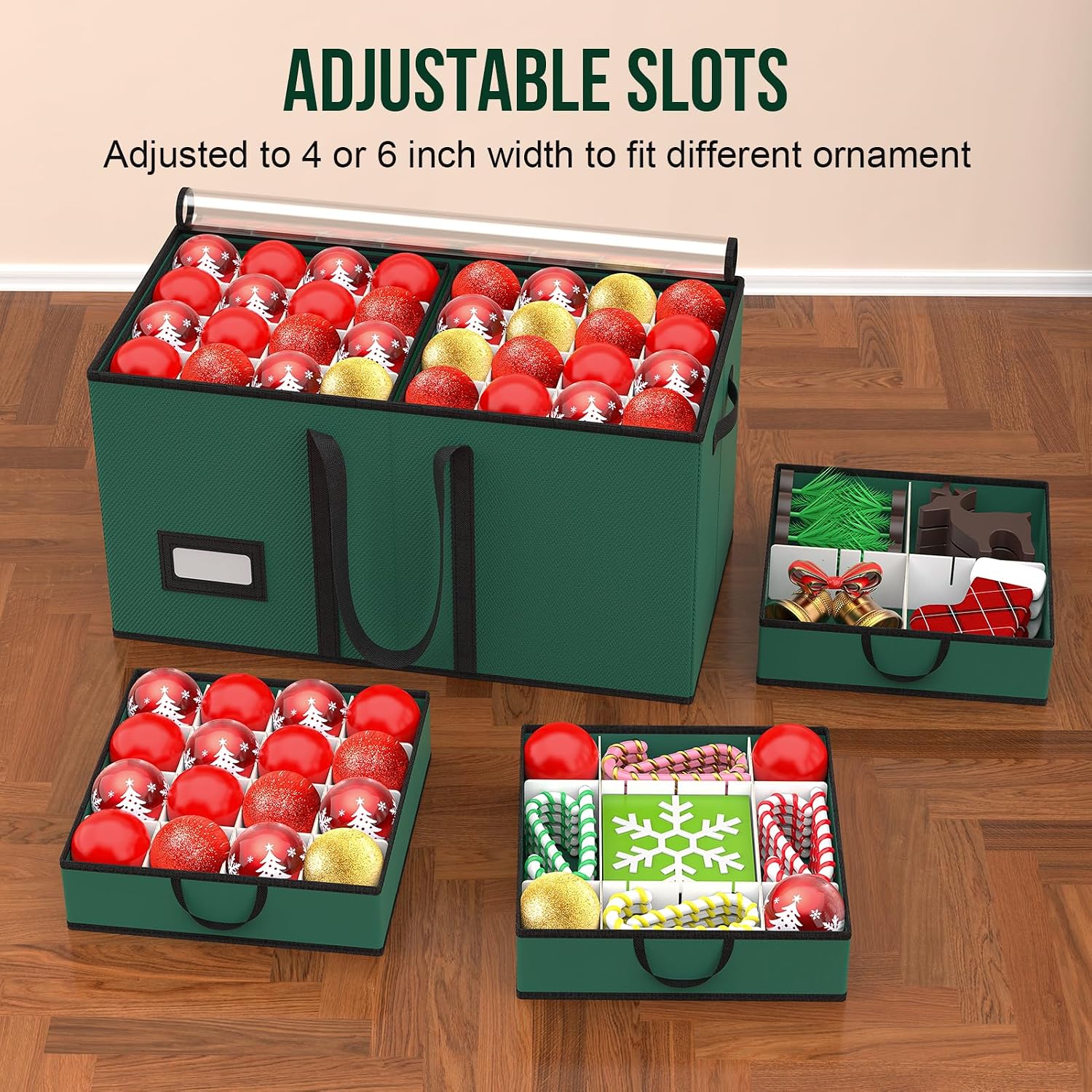 Christmas Ornament Storage Box Store 128-3" Ornaments, Ornament Organizer Storage box with Dual Zipper Closure Visual Cover & Adjustable Dividers, Holiday Decorations Storage Container with 8 Trays