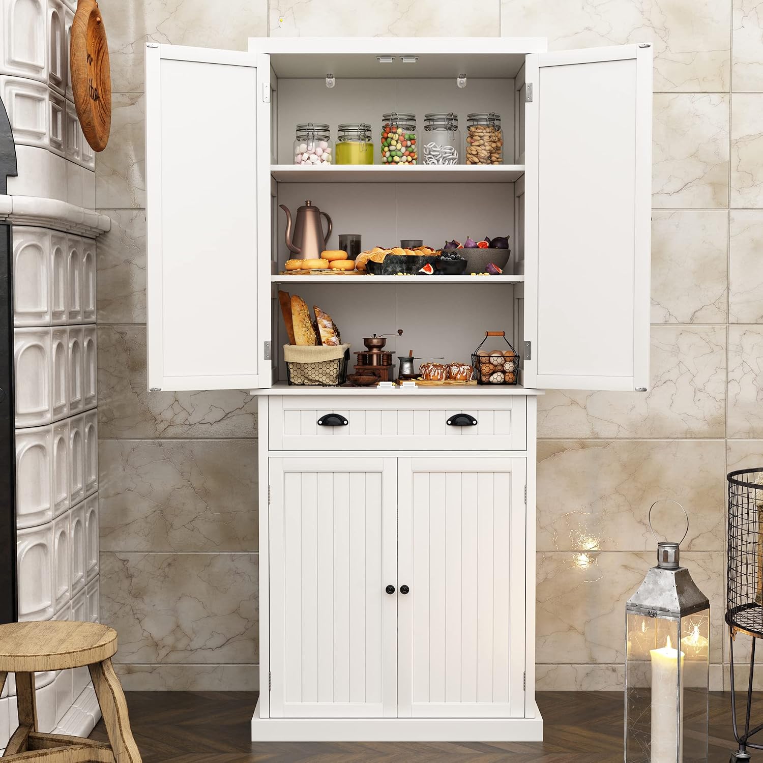 HLR Freestanding Kitchen Pantry Cabinet with Doors and Adjustable Shelves, Storage for Kitchen, Living Room Dining Room, White 30''D x 16''W x 72''H