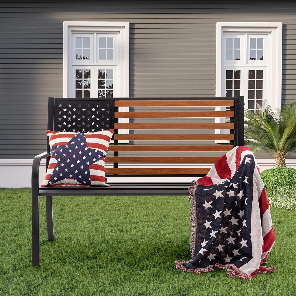 45.7 Inch American Flag Outdoor Bench - Patriotic Stars and Stripes Garden Bench with Heavy Duty Cast Iron Frame & Weather Resistant Steel Slats - Rustic Porch Furniture for Backyard, Memorial