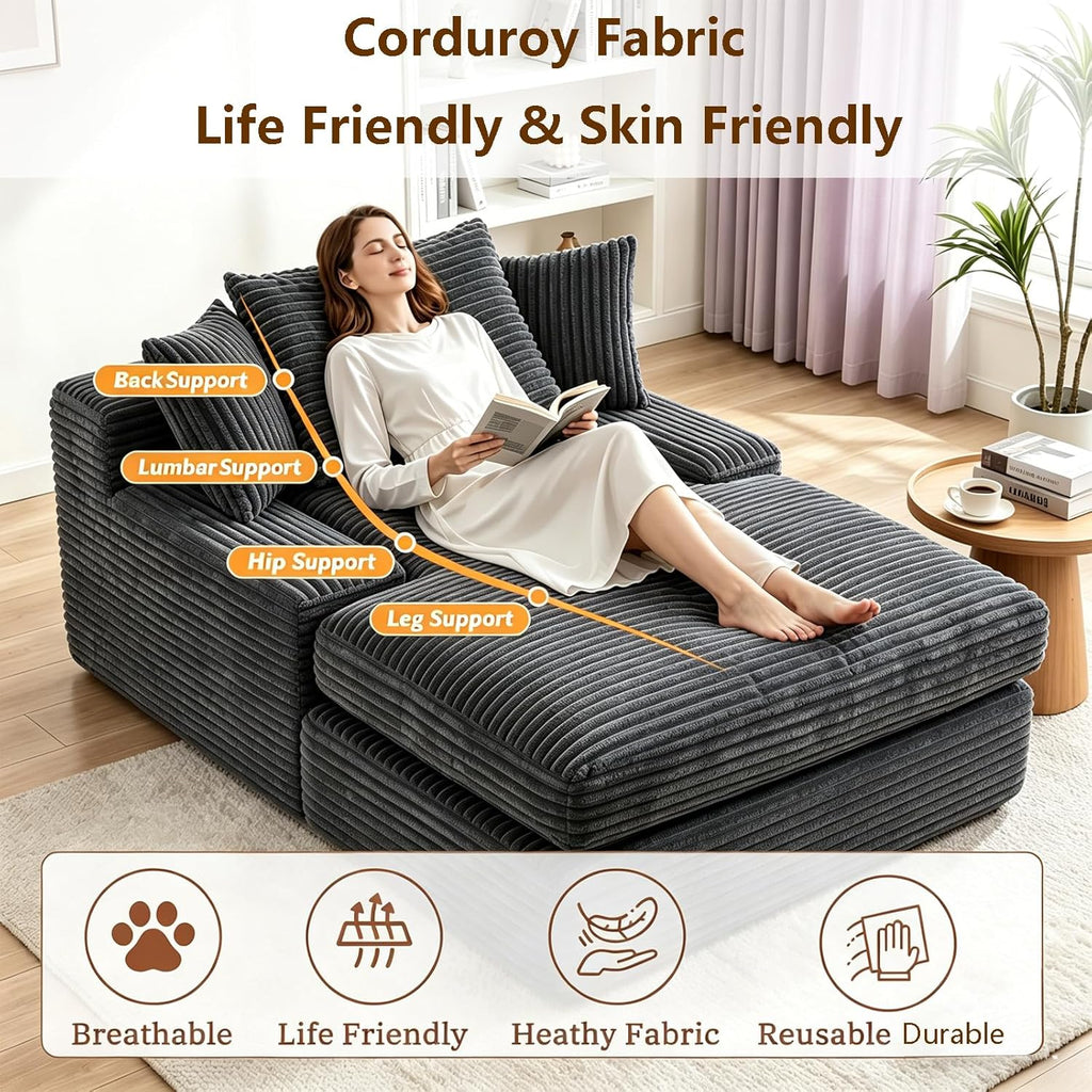 Vipbear Premium 69" Oversized Chaise Lounge Chair Indoor, Corduroy Cloud Boneless Sofa Bed Couch with Pillows&Wide Armrests for Living Room, Gray
