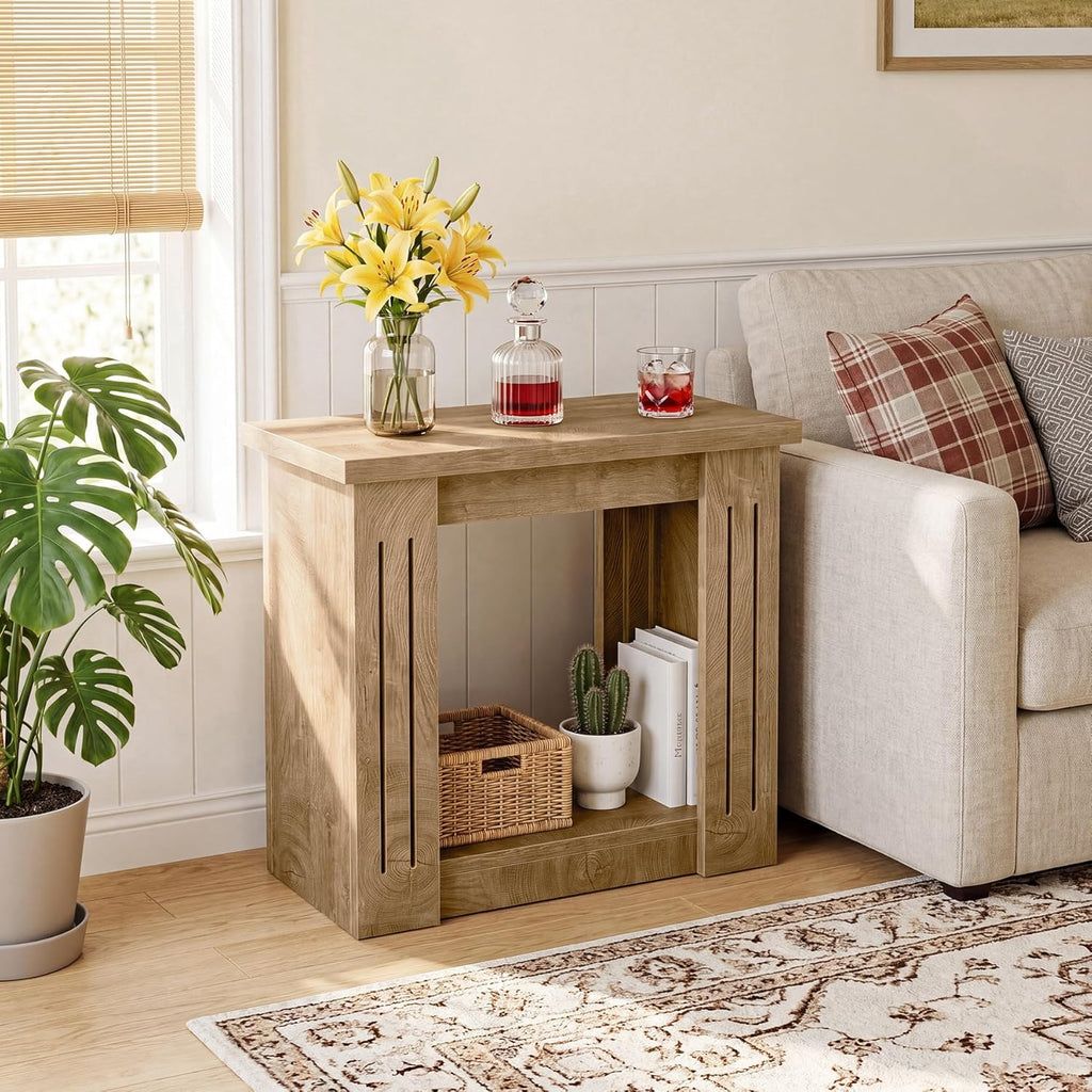 Tribesigns End Table, 2-Tier Farmhouse Skinny Side Table with Storage, Wooden Nightstand End Tables for Living Room, Bedroom, Office, Small Spaces, Brown