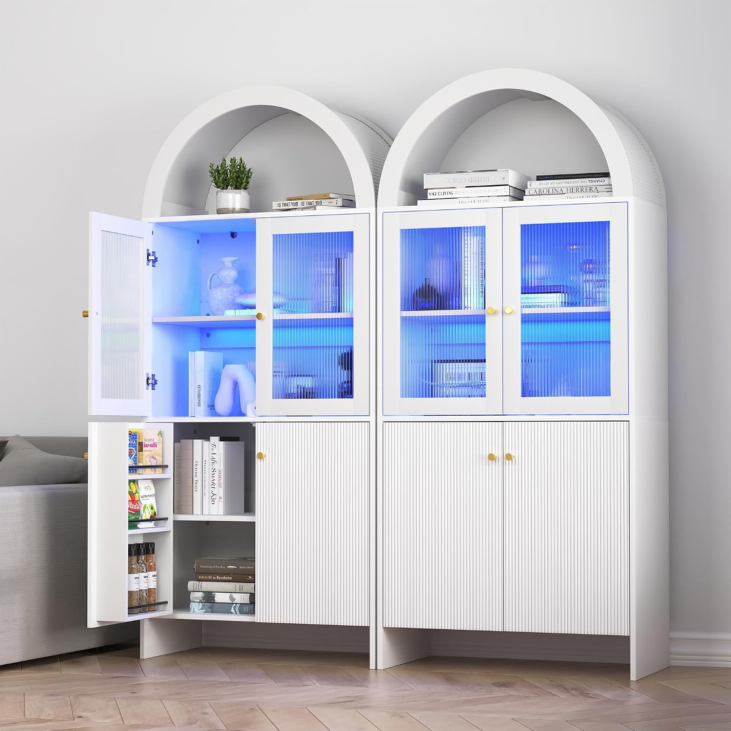 69" LED Tall Arched Kitchen Pantry Cabinet, Wood Kitchen Storage Hutch with 2 Large Drawers and Adjustable Shelves, Glass Dome Cupboard for Dining Room, Bathroom，Livingroom