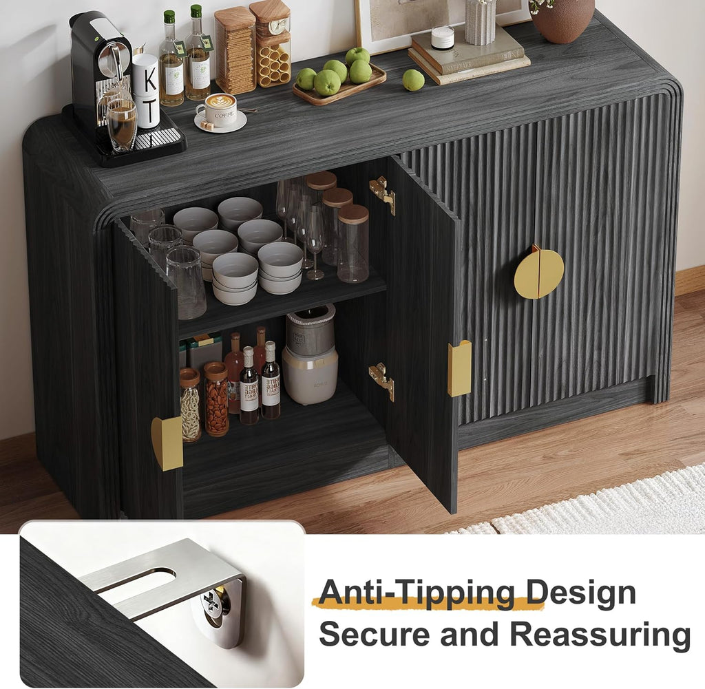 Decofy 55" Buffet Sideboard Cabinet, Modern Mid Century Console Cabinet with Adjustable Shelves & Wavy Grain Doors for Kitchen Cabinets, Living Room, Entryway, Coffee Bar Cabinet (Black Walnut)