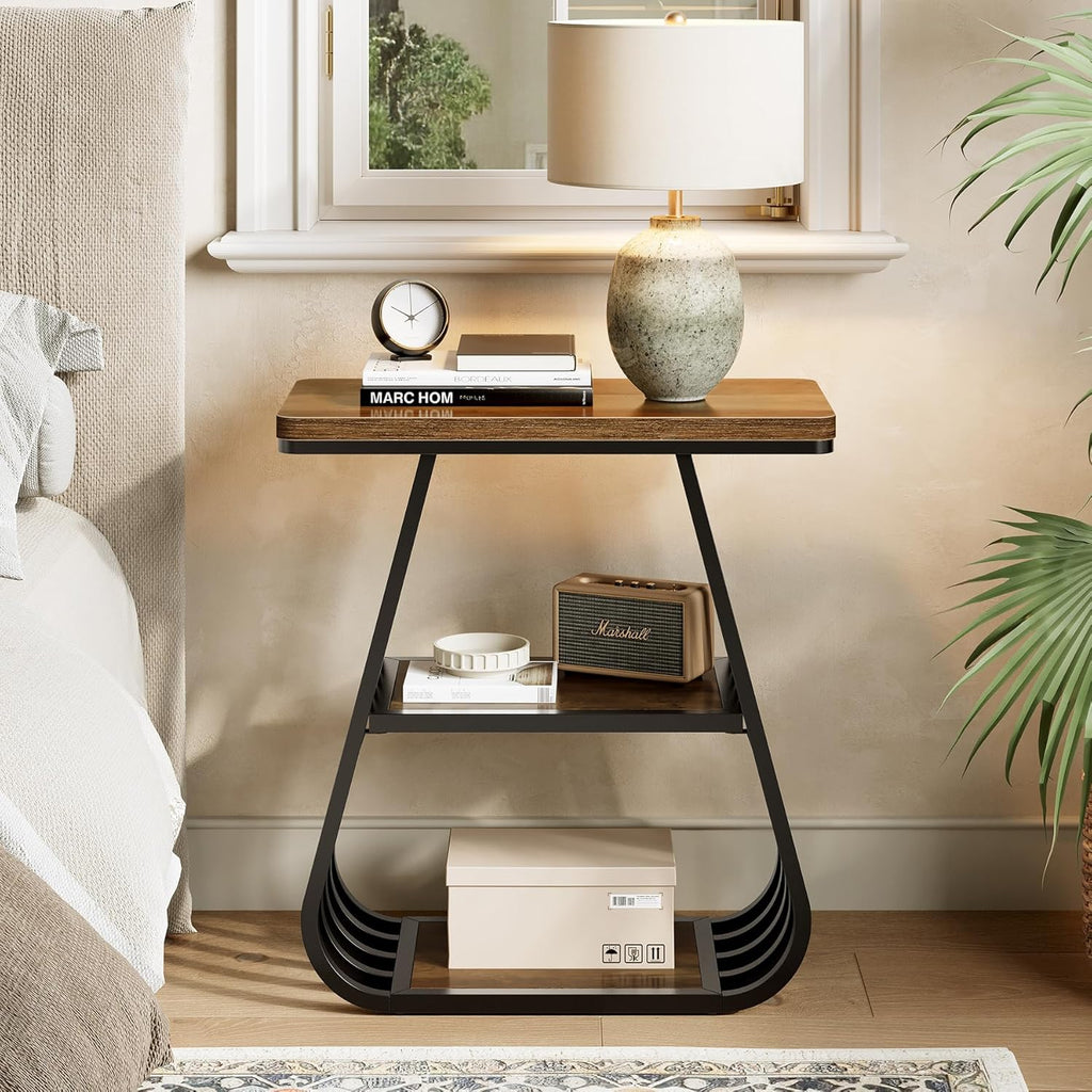 LITTLE TREE End Table for Living Room, 3-Tier Side Table for Small Spaces, Industrial Narrow Side Table with Storage Shelf in Oak Brown and Black