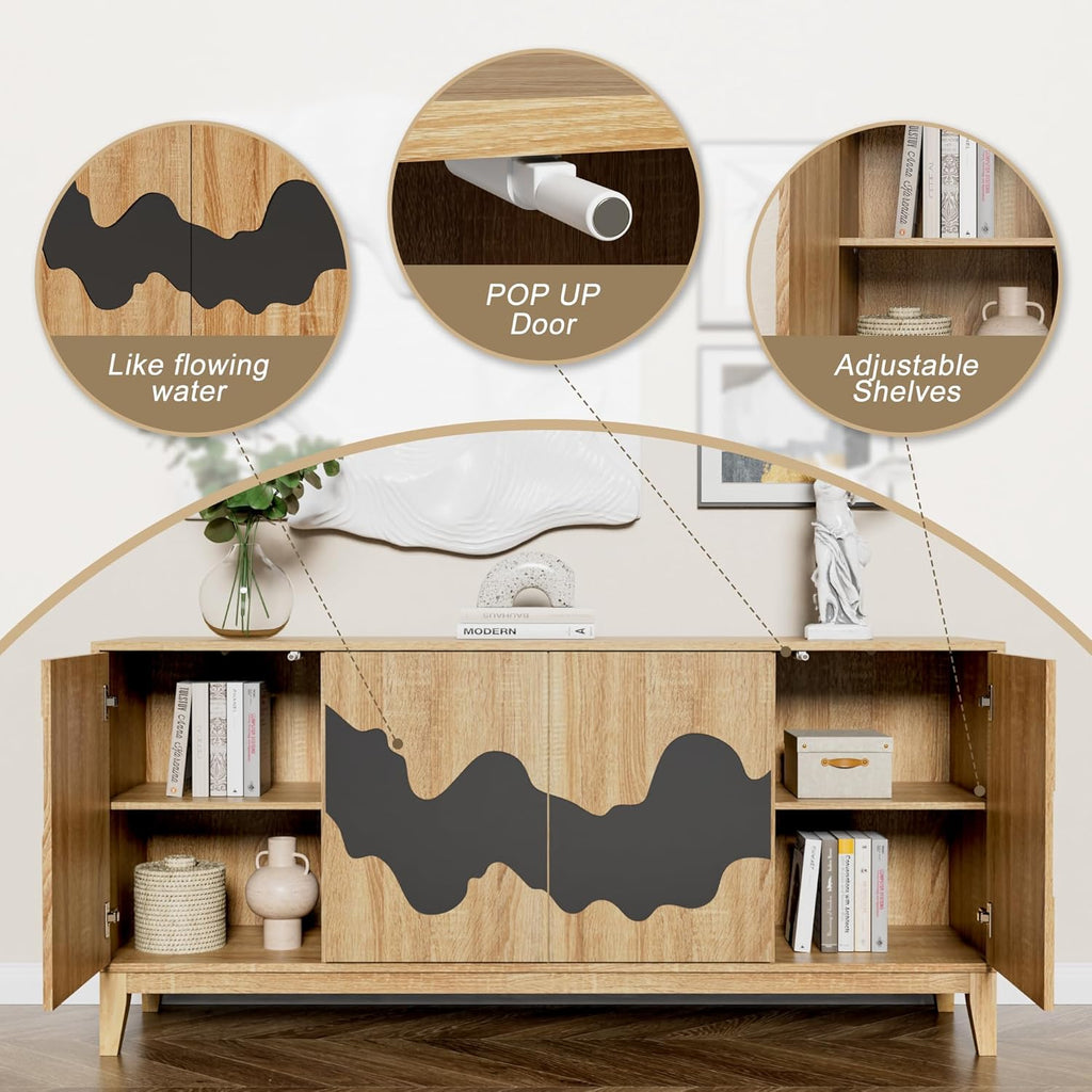 Natural Buffet Cabinet Sideboard with Storage 63'' Distinctive Coffee Bar with Flowing Water Patterns Kitchen Buffet with 4 Doors for Bedroom, Living Room (Natural and Black)