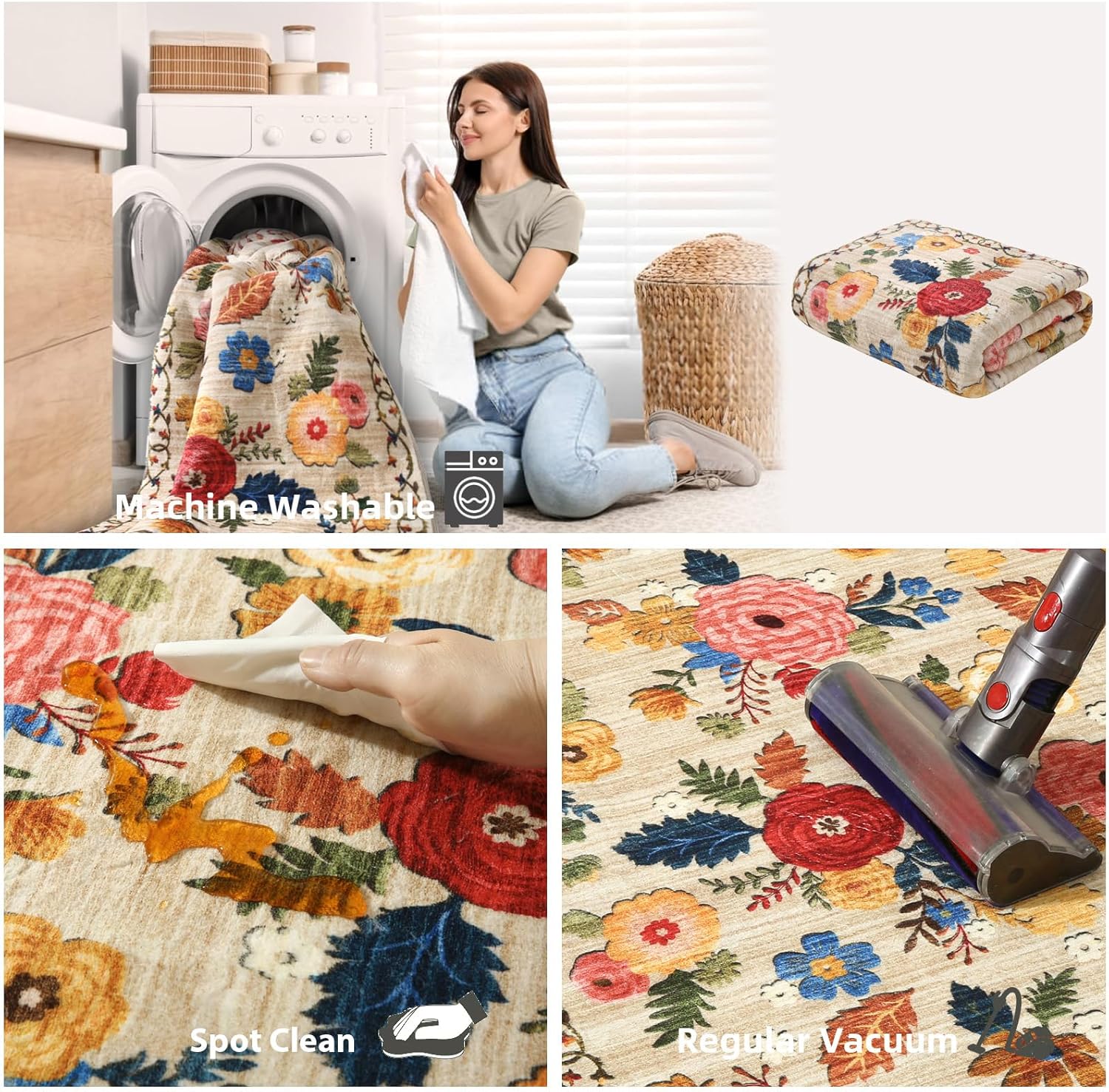 8x10 Area Rugs for Living Room: Washable Rug Non Slip Low Pile Soft Faux Wool Non Shedding Distressed Vintage Floral Large Area Rugs for Bedroom Dining Room Nursery Under Table Farmhouse Home Office