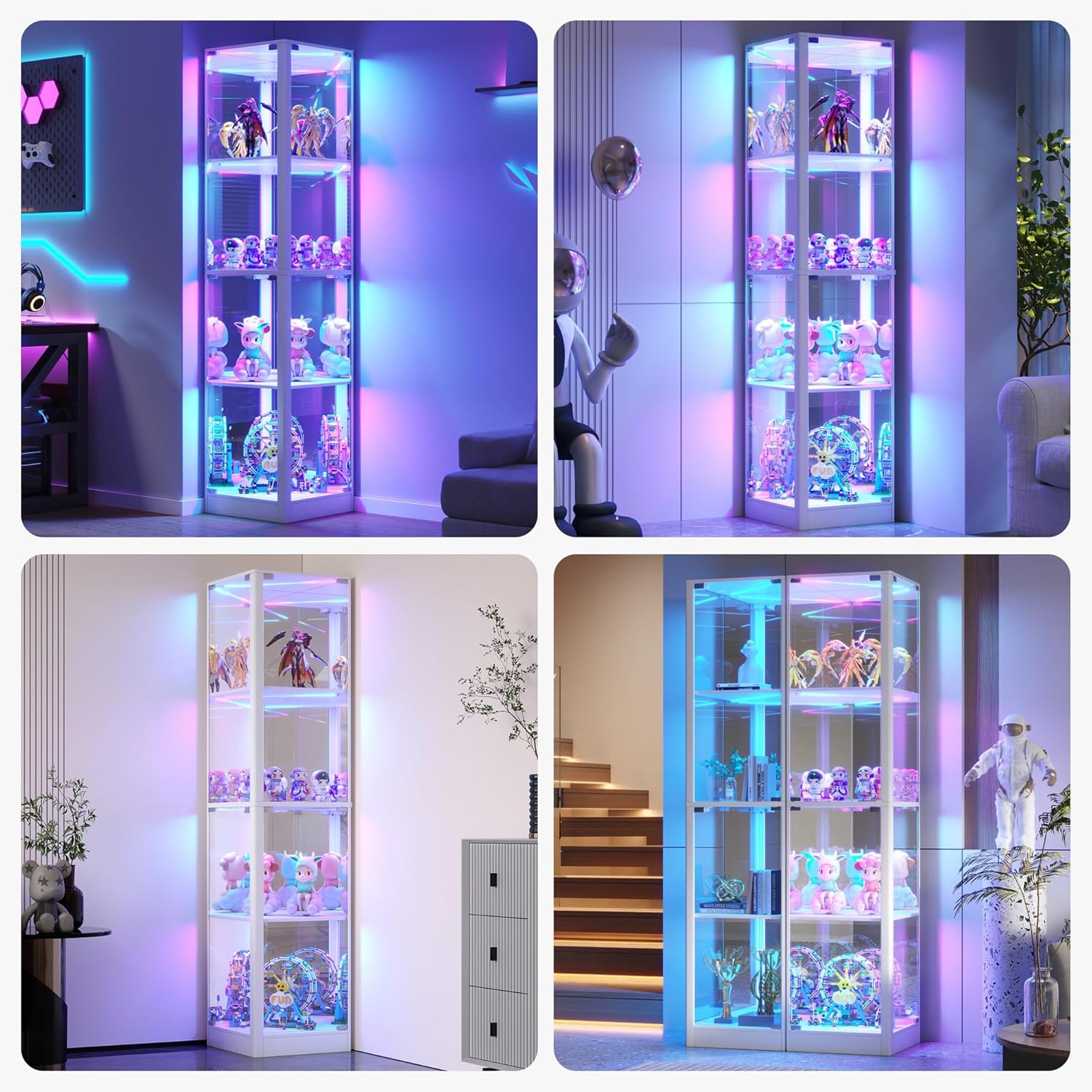 Corner Glass Display Cabinet with RGB Lights, 68" Curio Cabinet with Glass Doors, 4-Tier Display Case for Collectibles, Lighted Display Shelf for Living Room Bedroom, White