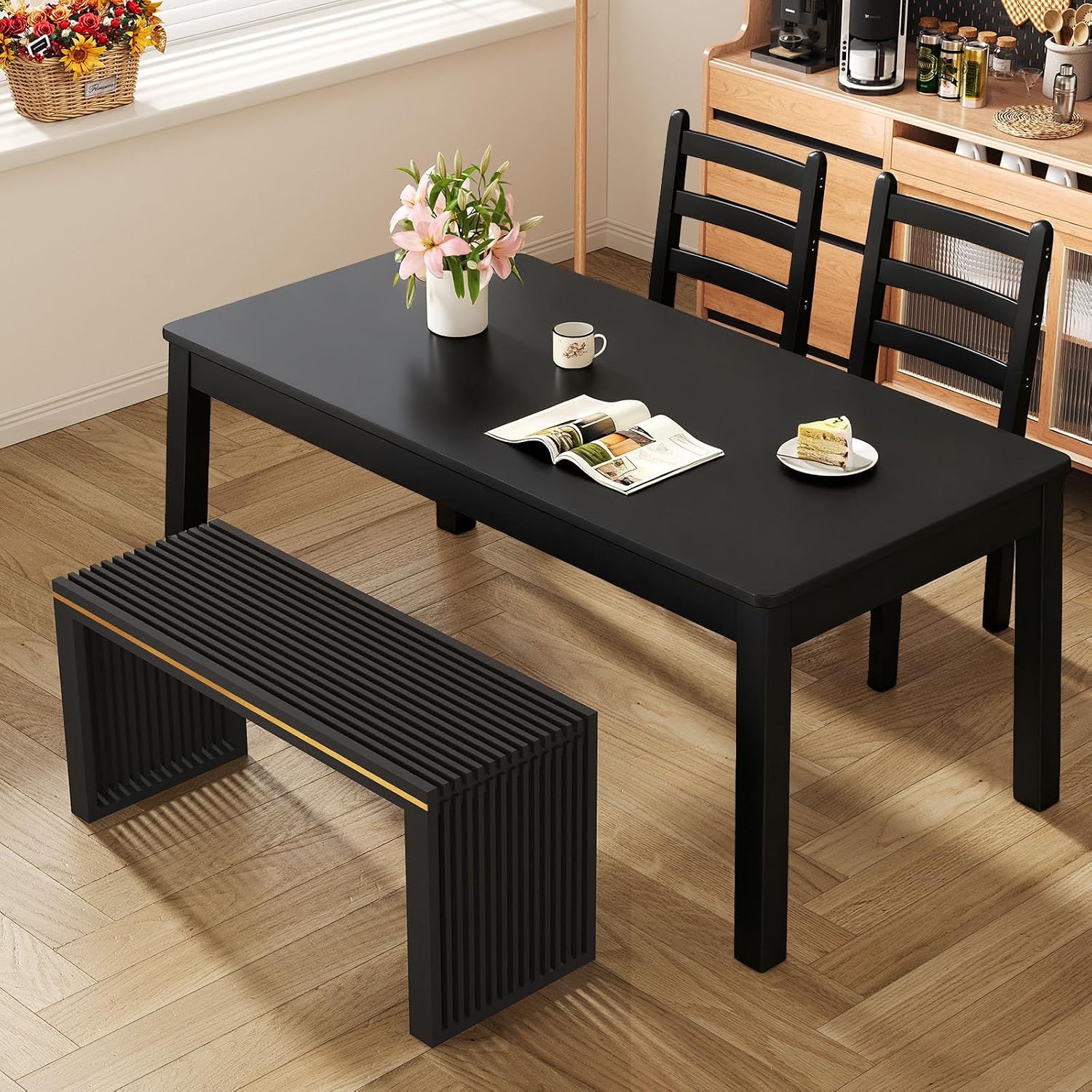 Wisuce Bamboo Dining Bench, 35 inch Entryway Indoor Bench, Black