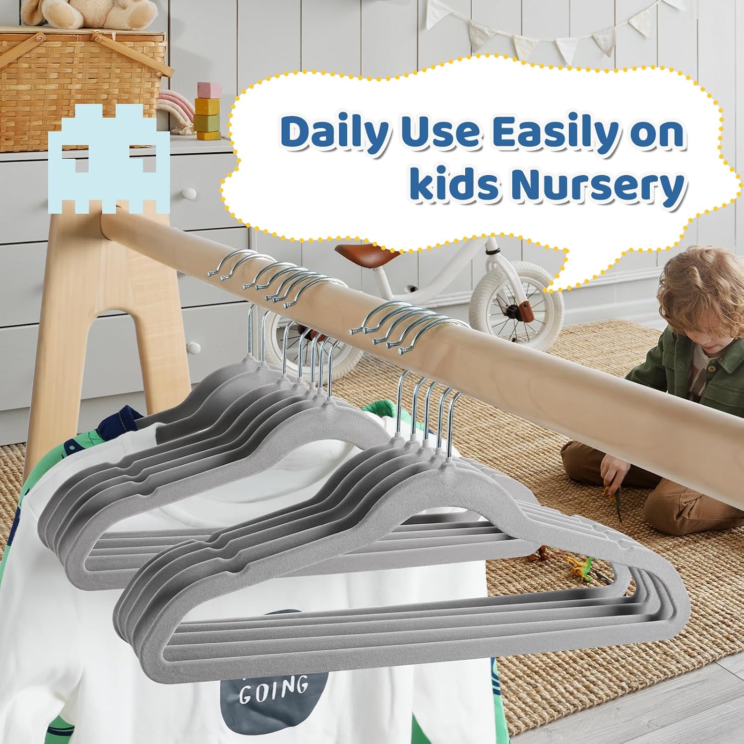 Premium 14 Inch Kids Hangers 100 Pack, Grey Baby Velvet Hanger, Non Slip, Space Saving Felt Hangers Clothes Organizers for Closet with 360° Swivel Hook for Children, Toddler & Teens