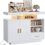 IRONCK Buffet Cabinet, Sideboard Cabinet with Power Outlet and LED Light, Modern Storage Cabinet with Drawer and Shelves, White