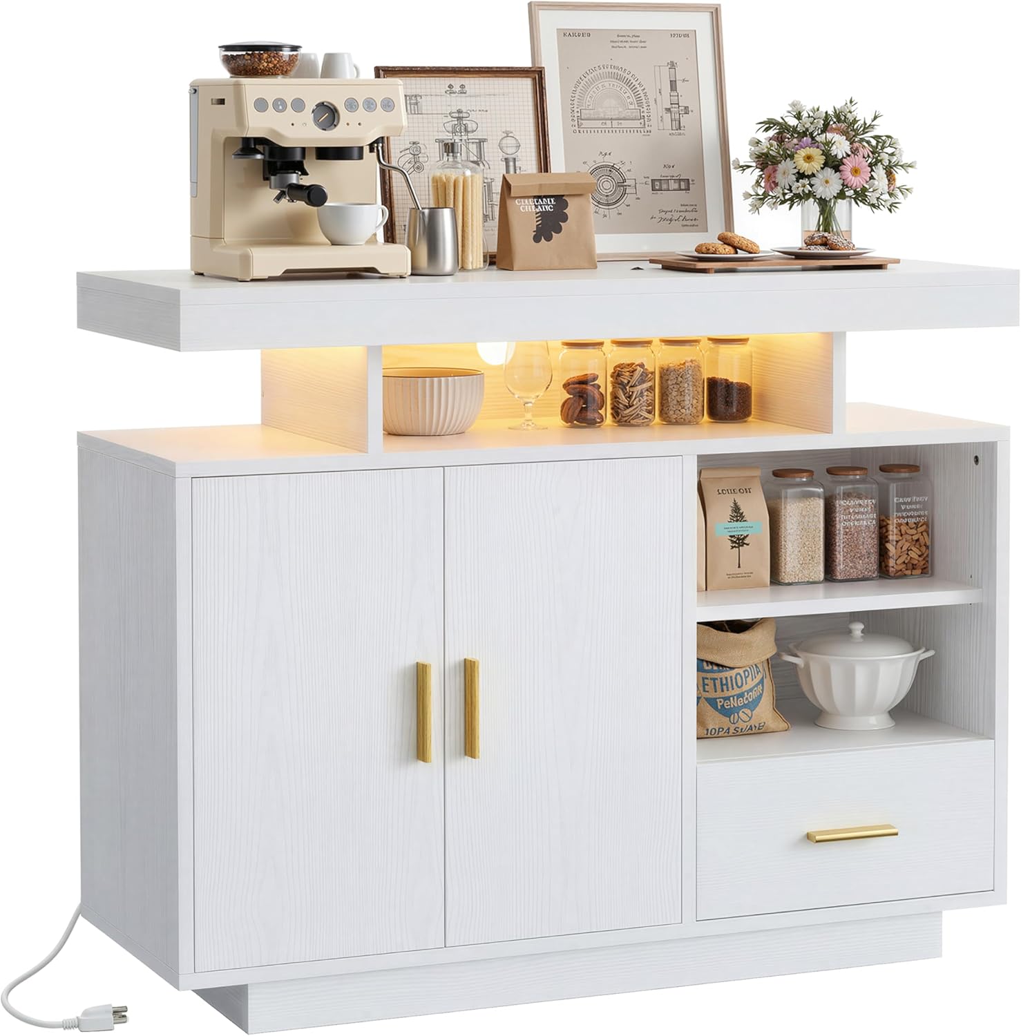 IRONCK Buffet Cabinet, Sideboard Cabinet with Power Outlet and LED Light, Modern Storage Cabinet with Drawer and Shelves, White