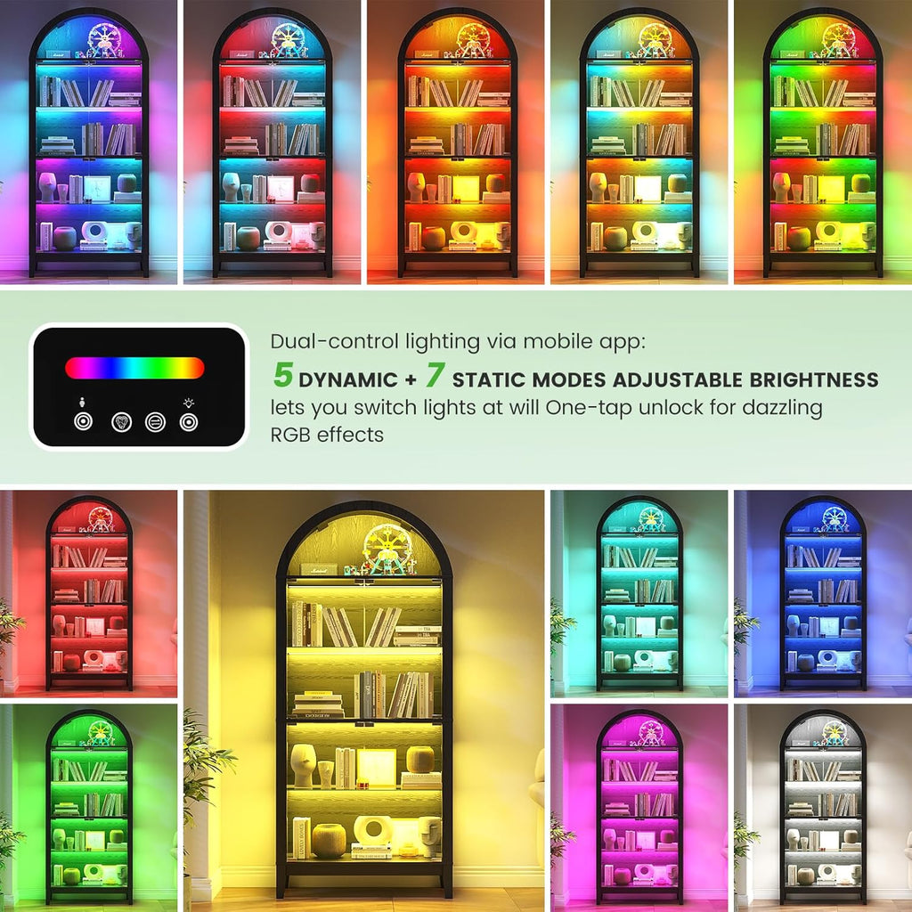 HNEBC Arched Display Case with RGB Lights, 69" Tall 5-Tier Tempered Glass Display Cabinet with Doors, LED Curio Cabinet with Shelf, Bookcase with Music-Synced Lighting for Living Room (Black)