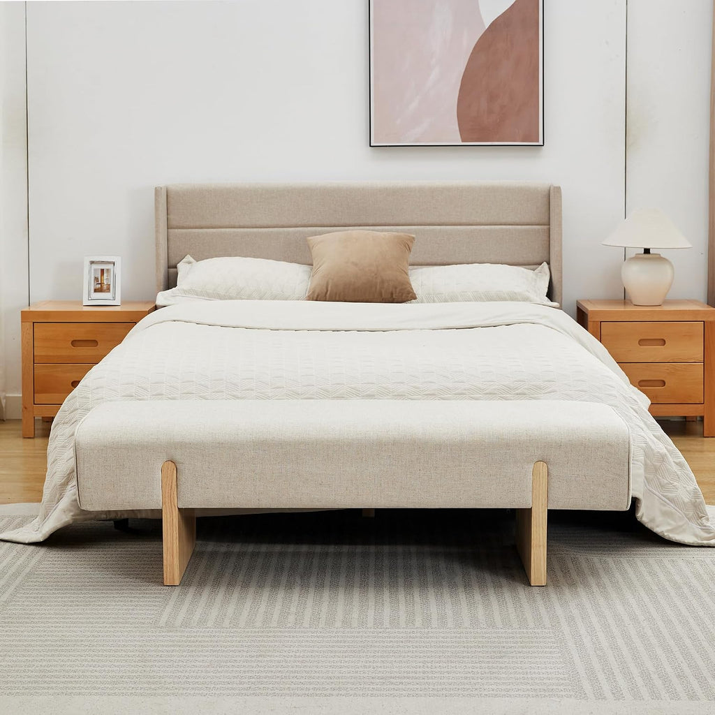 55’’ Upholstered End of Bed Bench, Linen Entryway Bench with Solid Wood Legs, Farmhouse Wooden Dining Room Bench for Bedroom, Living Room, Beige