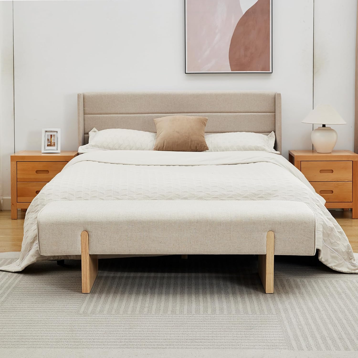 55’’ Upholstered End of Bed Bench, Linen Entryway Bench with Solid Wood Legs, Farmhouse Wooden Dining Room Bench for Bedroom, Living Room, Beige