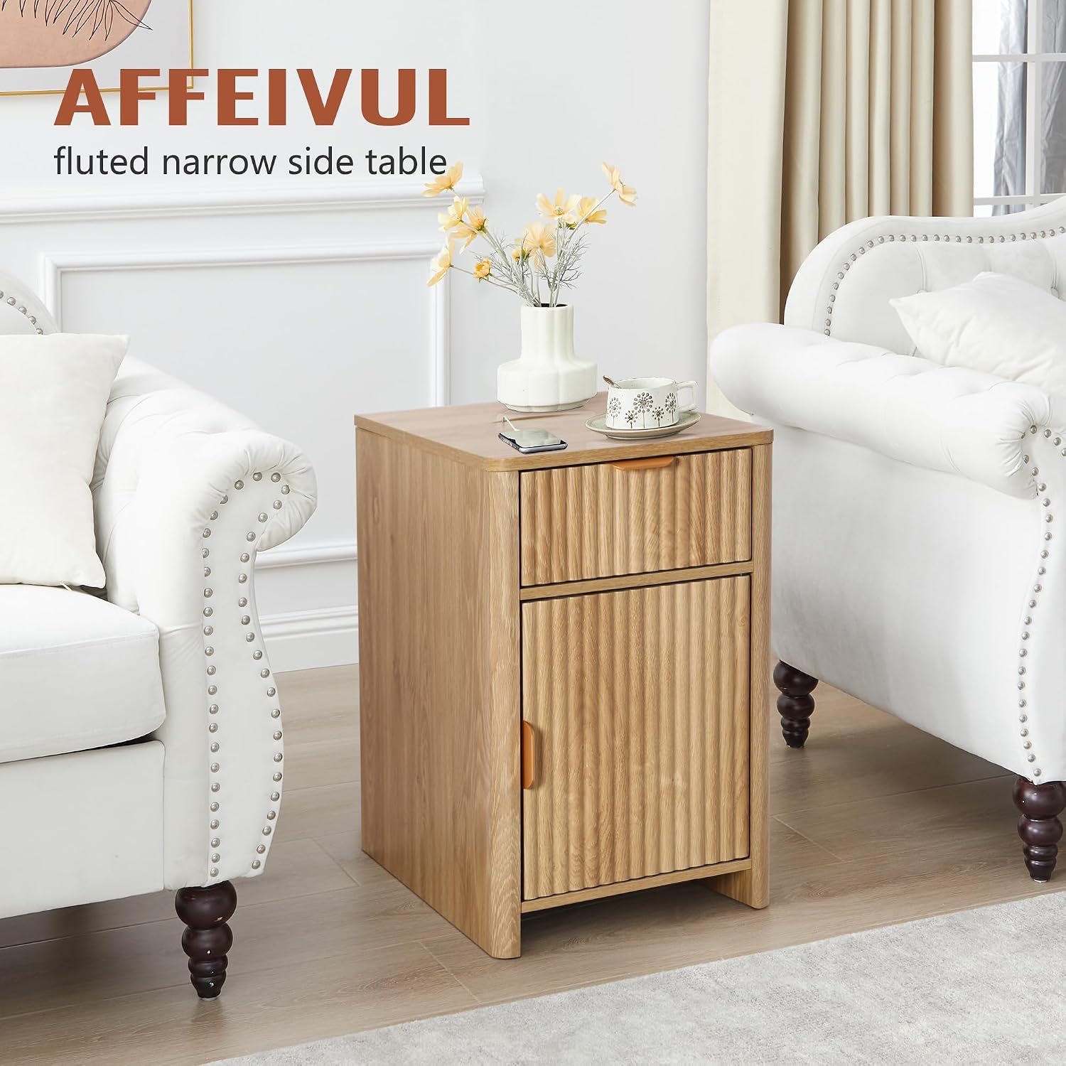 Fluted Narrow End Table with Charging Station, Boho Side Table with Drawer Storage, Small Night Stand with Power Outlets and USB Ports, Sofa Side Table for Living Room, Natural