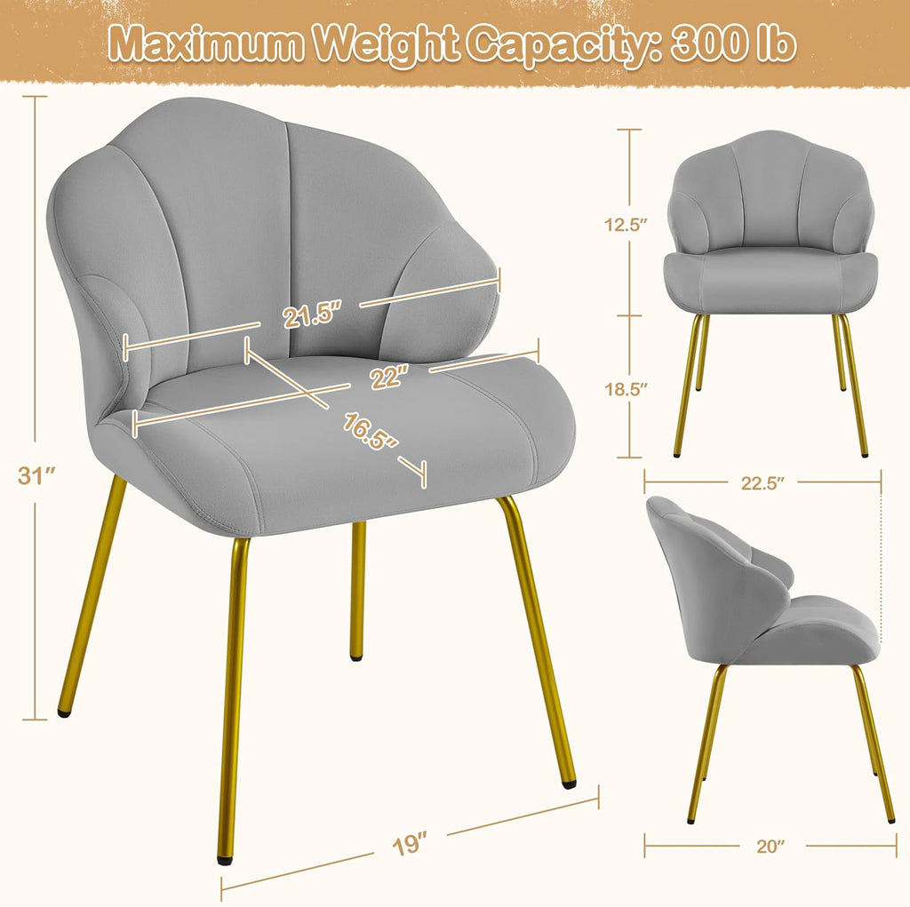 Yaheetech Vanity Chair, Velvet Accent Chair with Shell-Shaped Backrest, Modern Armchair with Gold Metal Legs for Dressing Room/Bedroom/Living Room, Light Gray