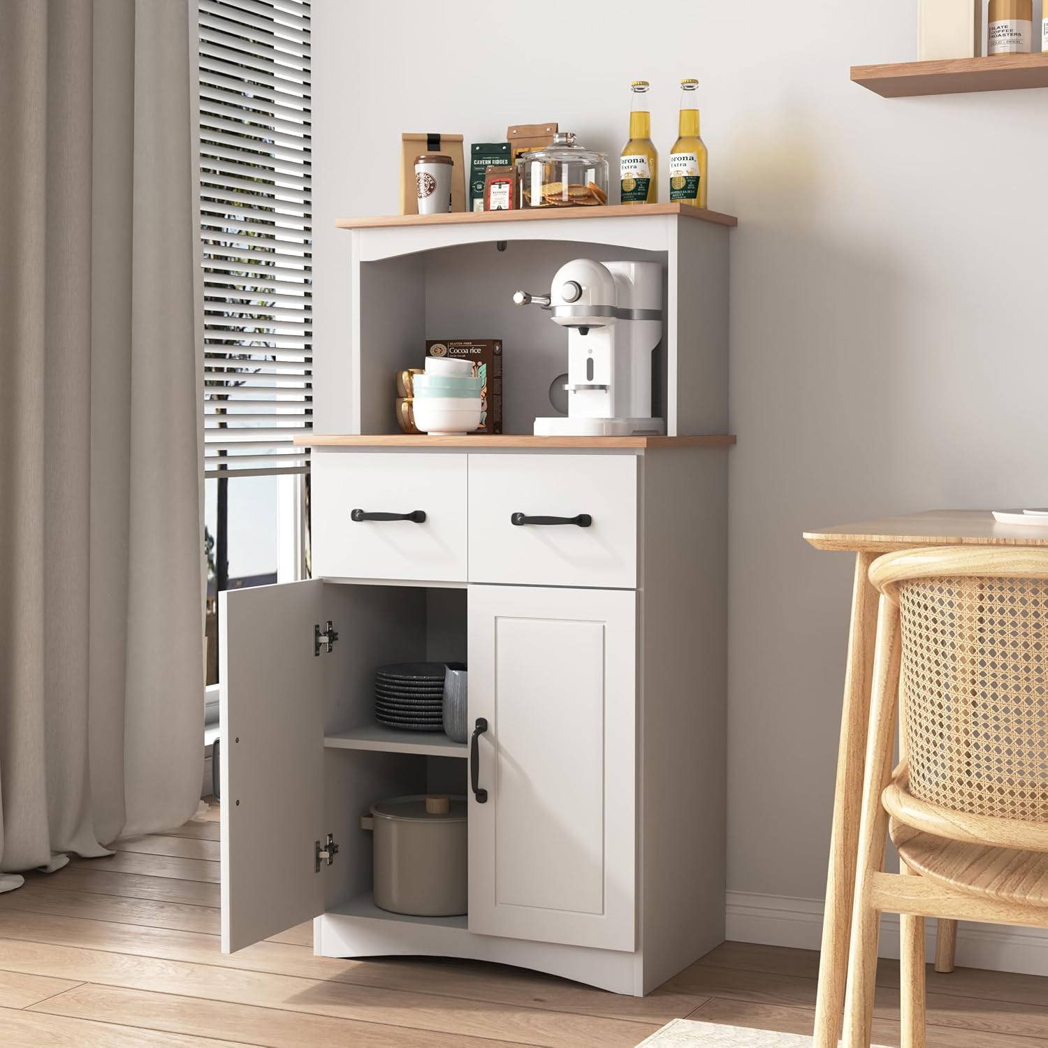 Freestanding Kitchen Pantry with Dawer & Shelf, Double Door, Rectangular Storage Cabinet, Modern Minimalist, for Living Room, Dining Room, White